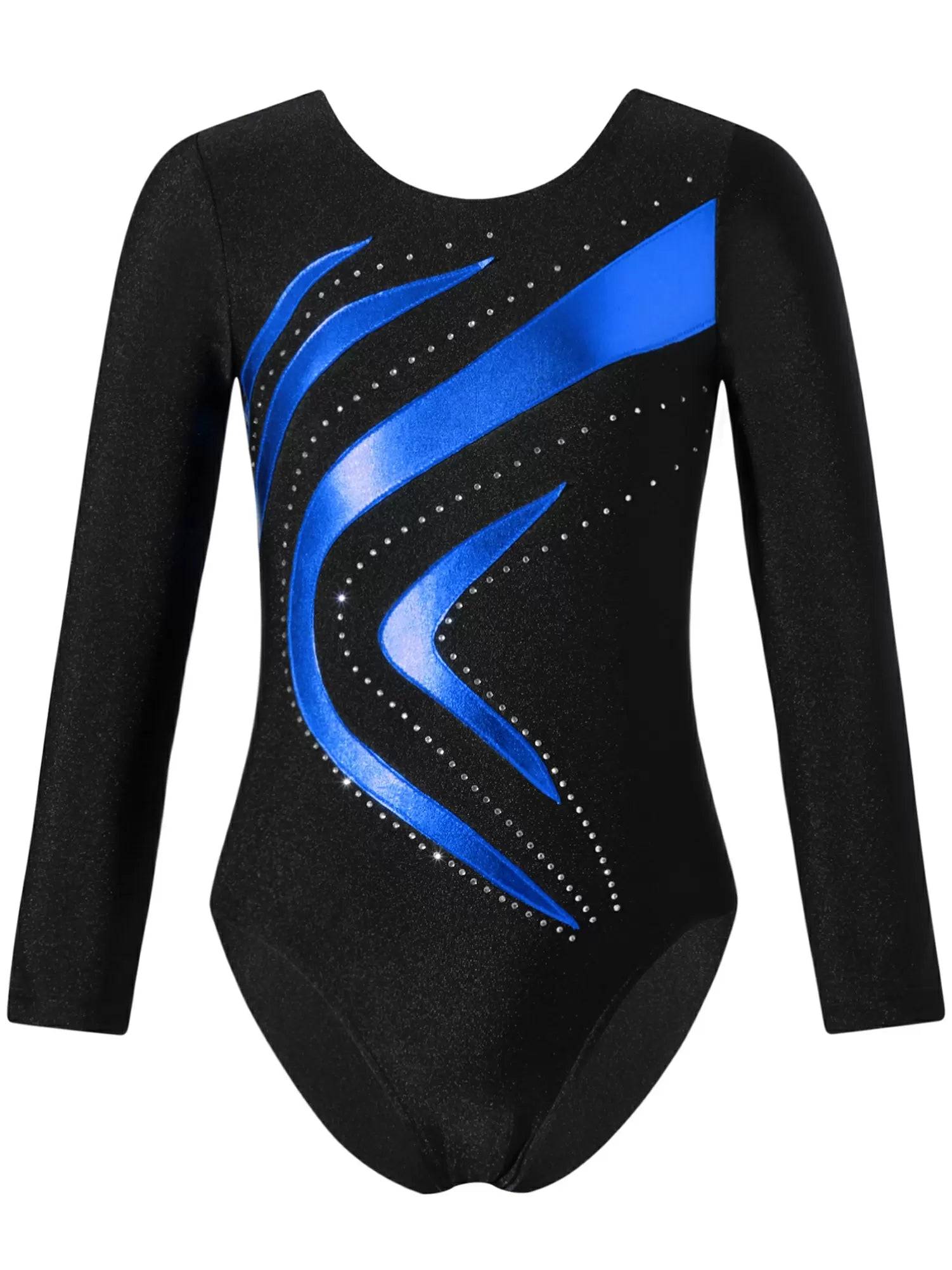 Kids Girls Long Sleeve Shiny Rhinestone Slim Fit Skating Dance Leotard