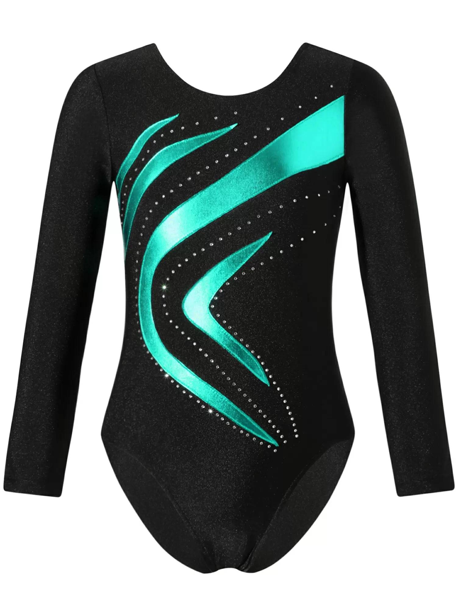 Kids Girls Long Sleeve Shiny Rhinestone Slim Fit Skating Dance Leotard