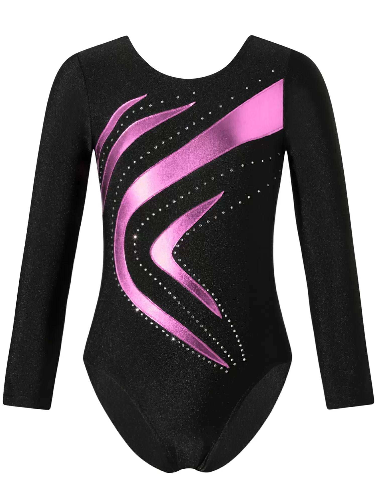 Kids Girls Long Sleeve Shiny Rhinestone Slim Fit Skating Dance Leotard