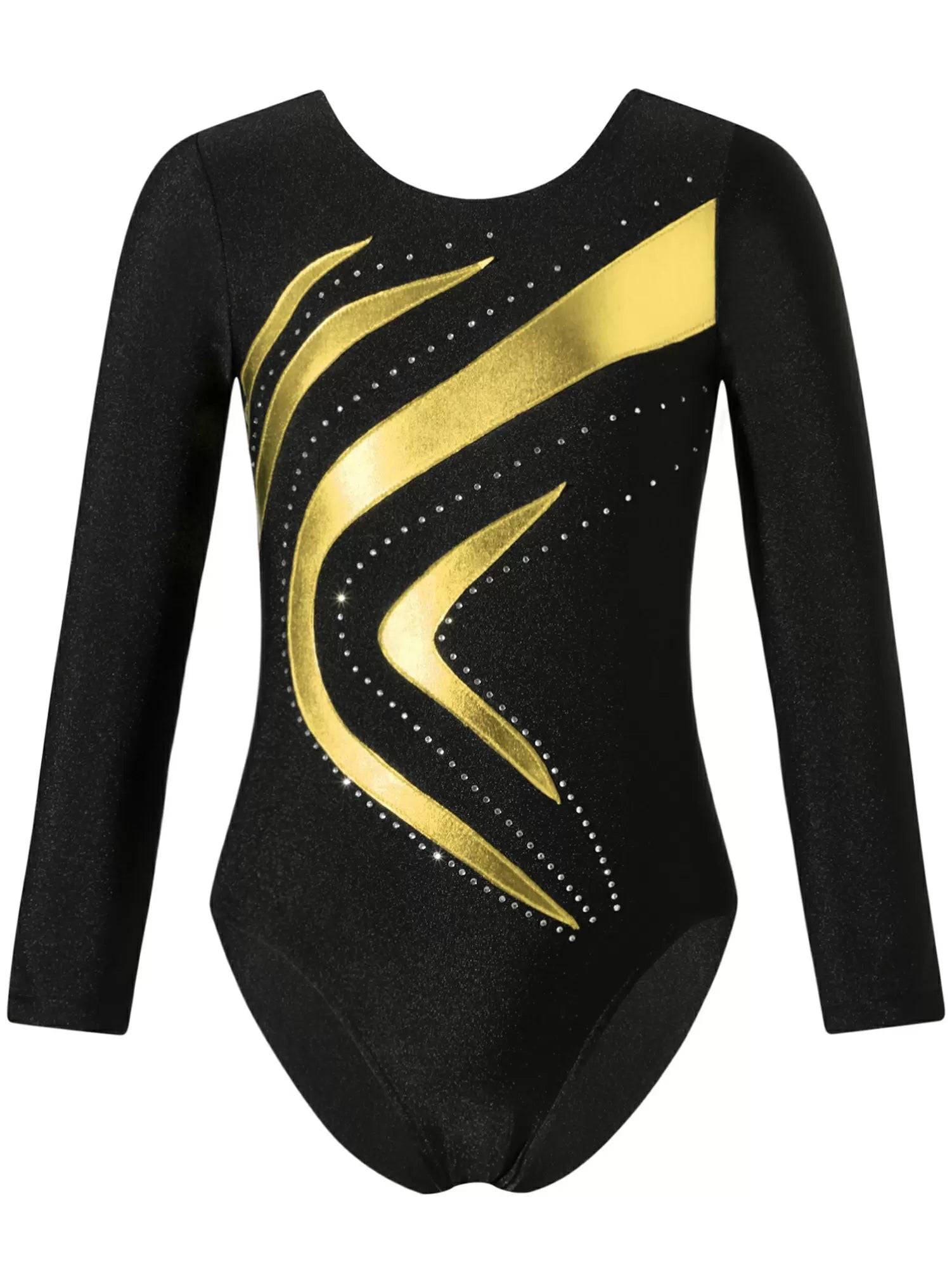 Kids Girls Long Sleeve Shiny Rhinestone Slim Fit Skating Dance Leotard