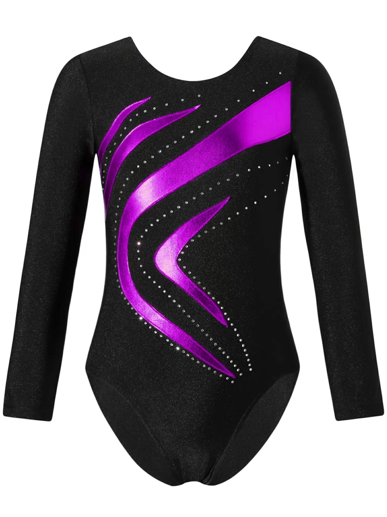 Kids Girls Long Sleeve Shiny Rhinestone Slim Fit Skating Dance Leotard