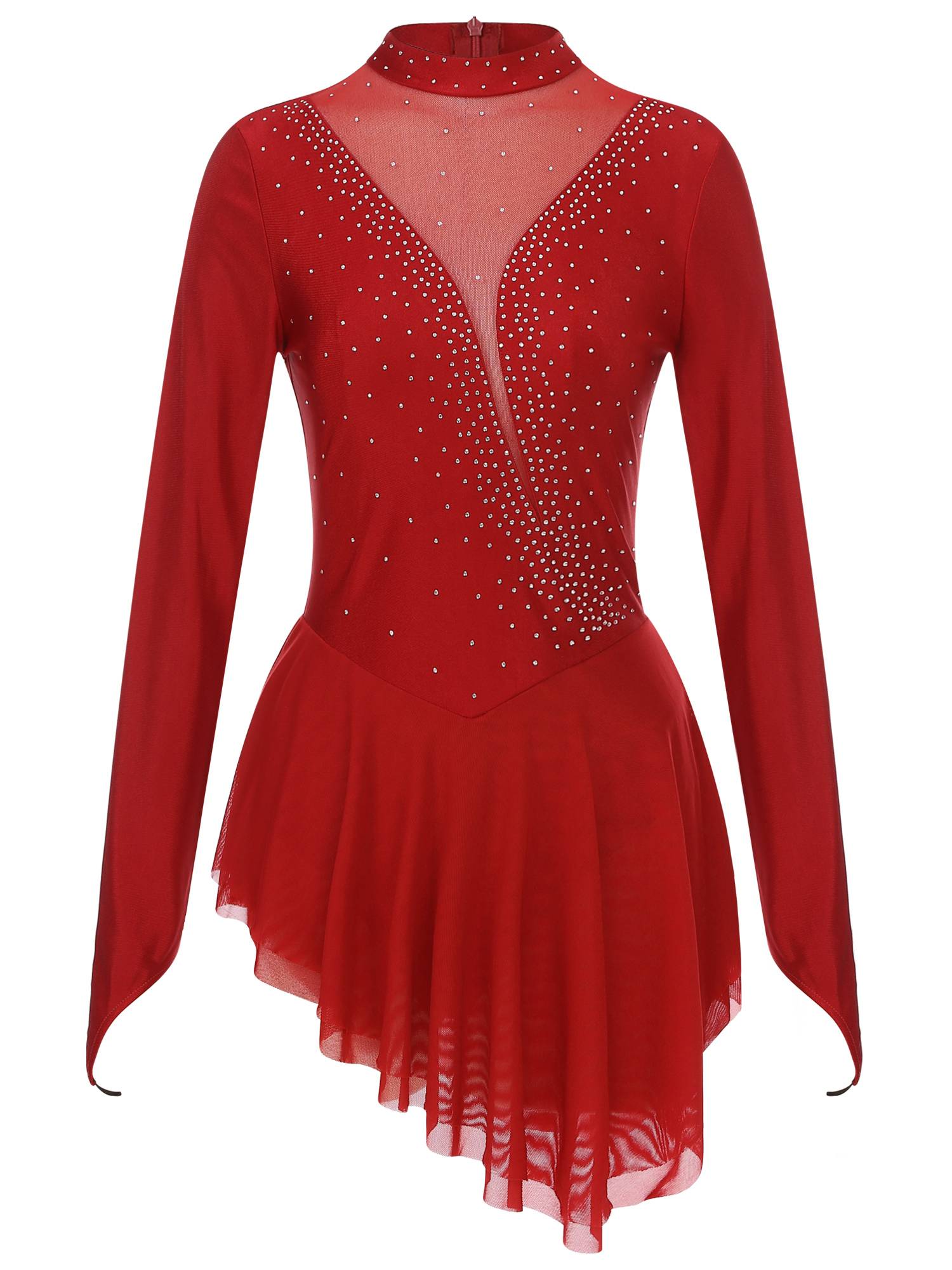 Women Glittery Rhinestone Long Sleeve Ice Skating Dresses