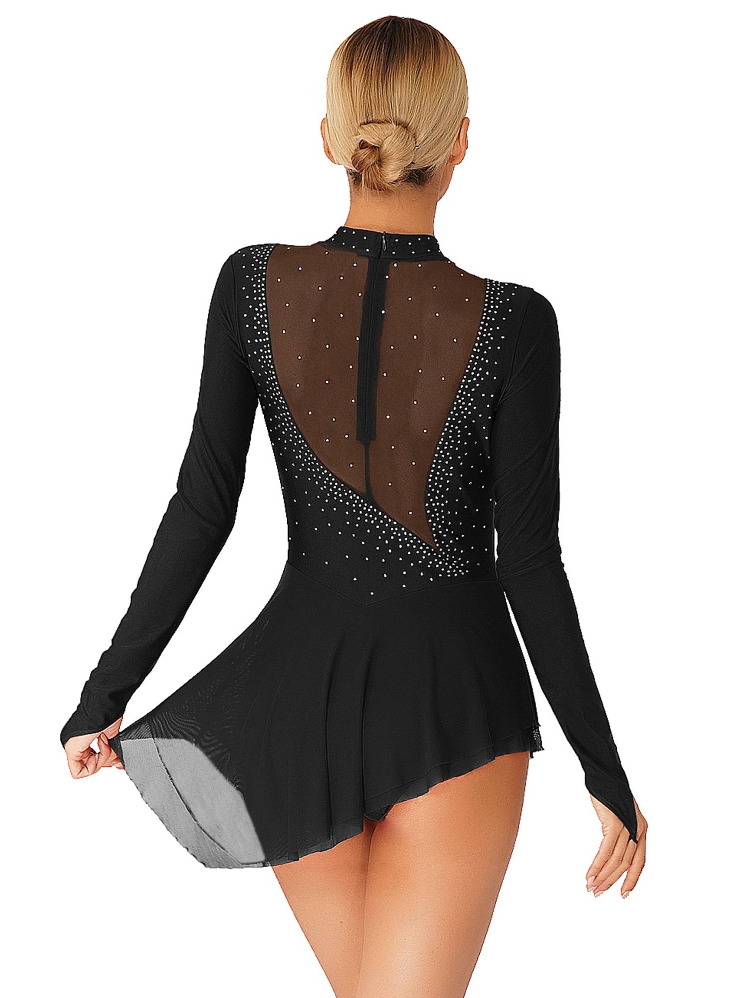Women Glittery Rhinestone Long Sleeve Ice Skating Dresses