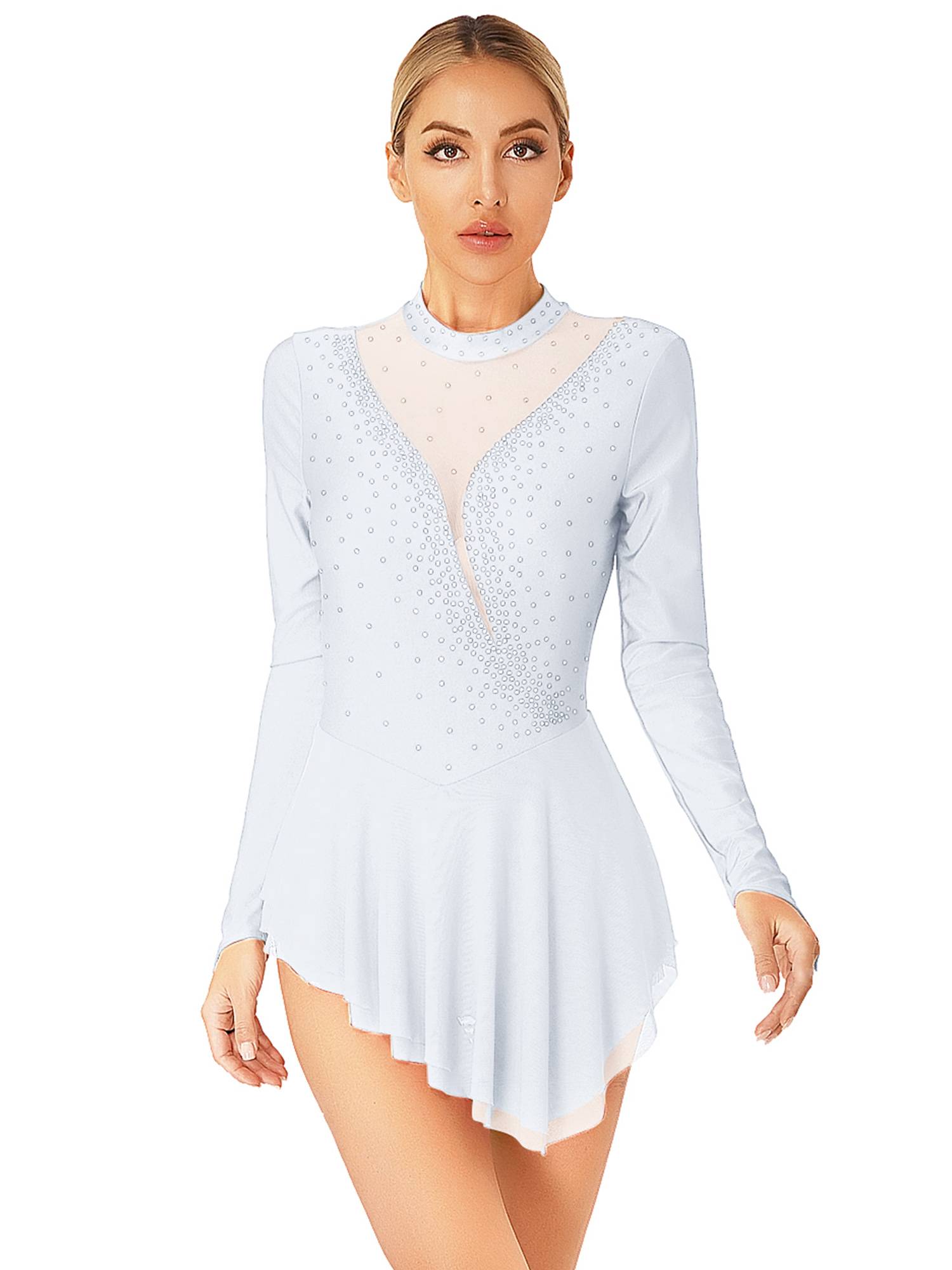 Women Glittery Rhinestone Long Sleeve Ice Skating Dresses