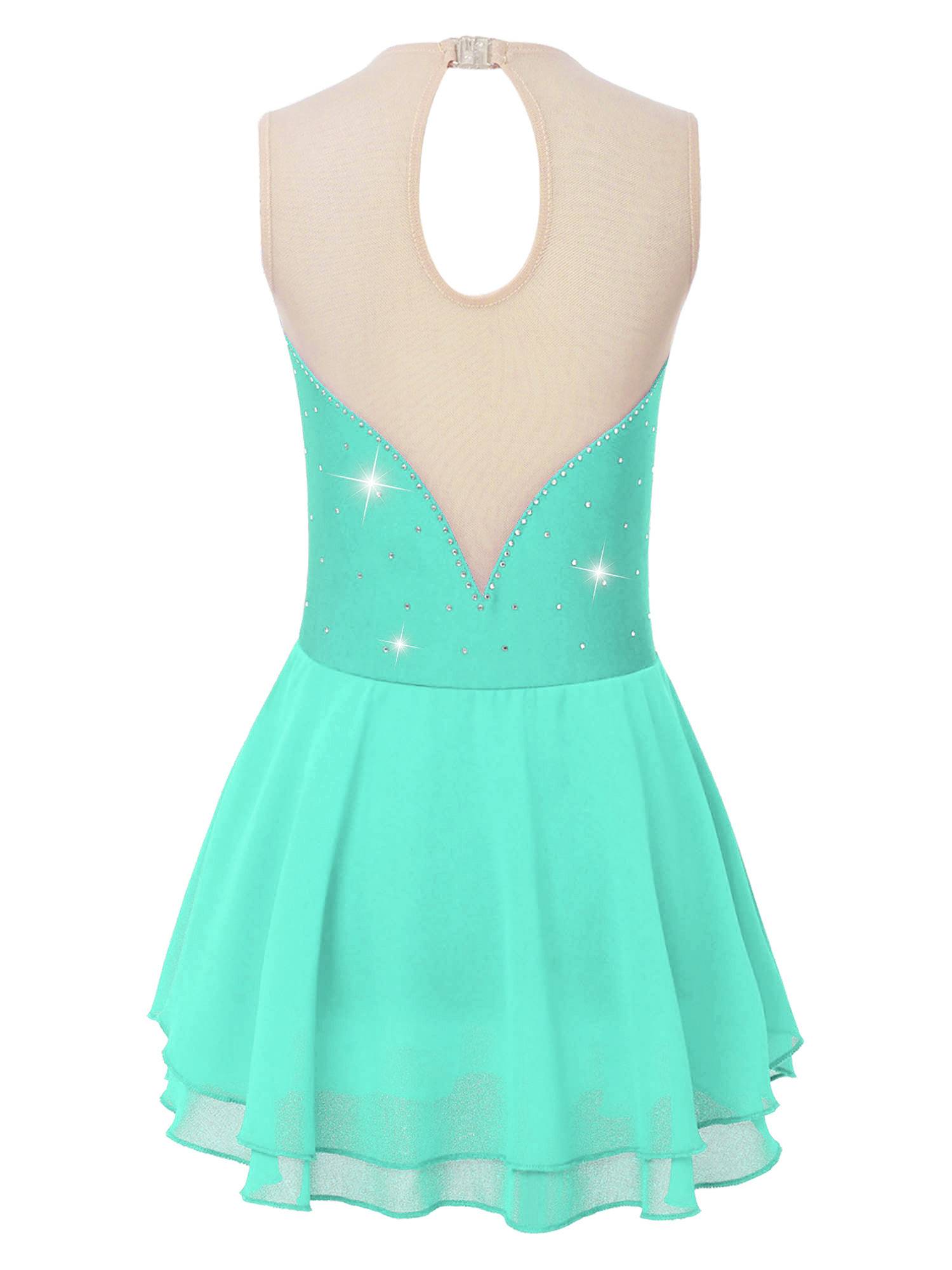 Kids Girls Sleeveless Sequined Rhinestone Skating Dance Dress