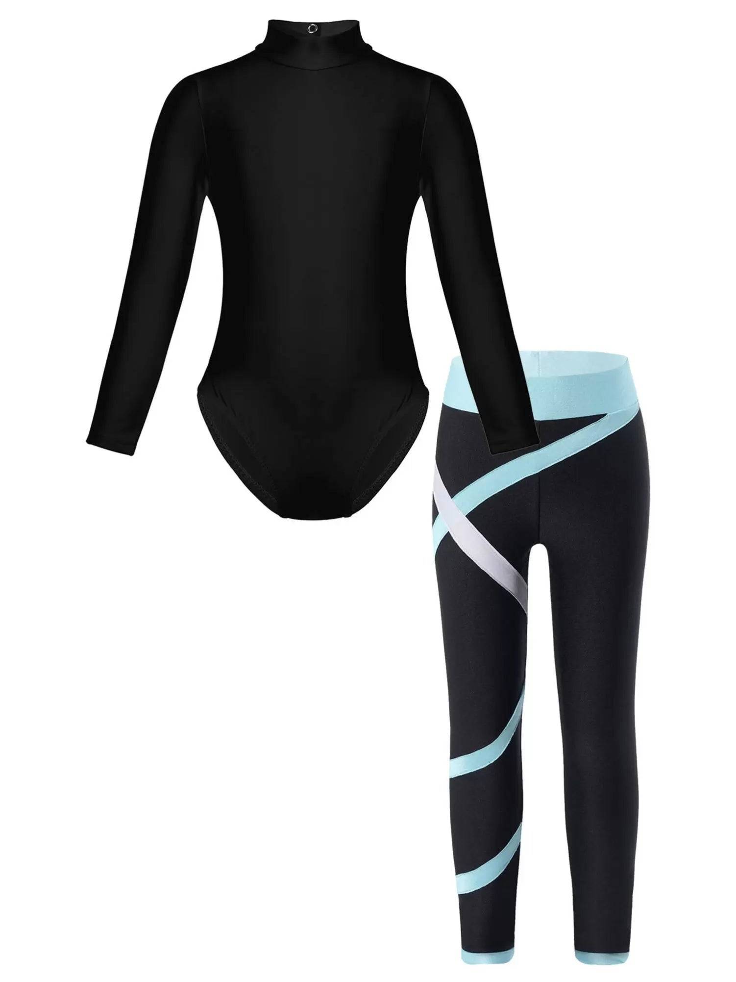 Kids Girls Long Sleeve Leotard with Leggings Sport Sets