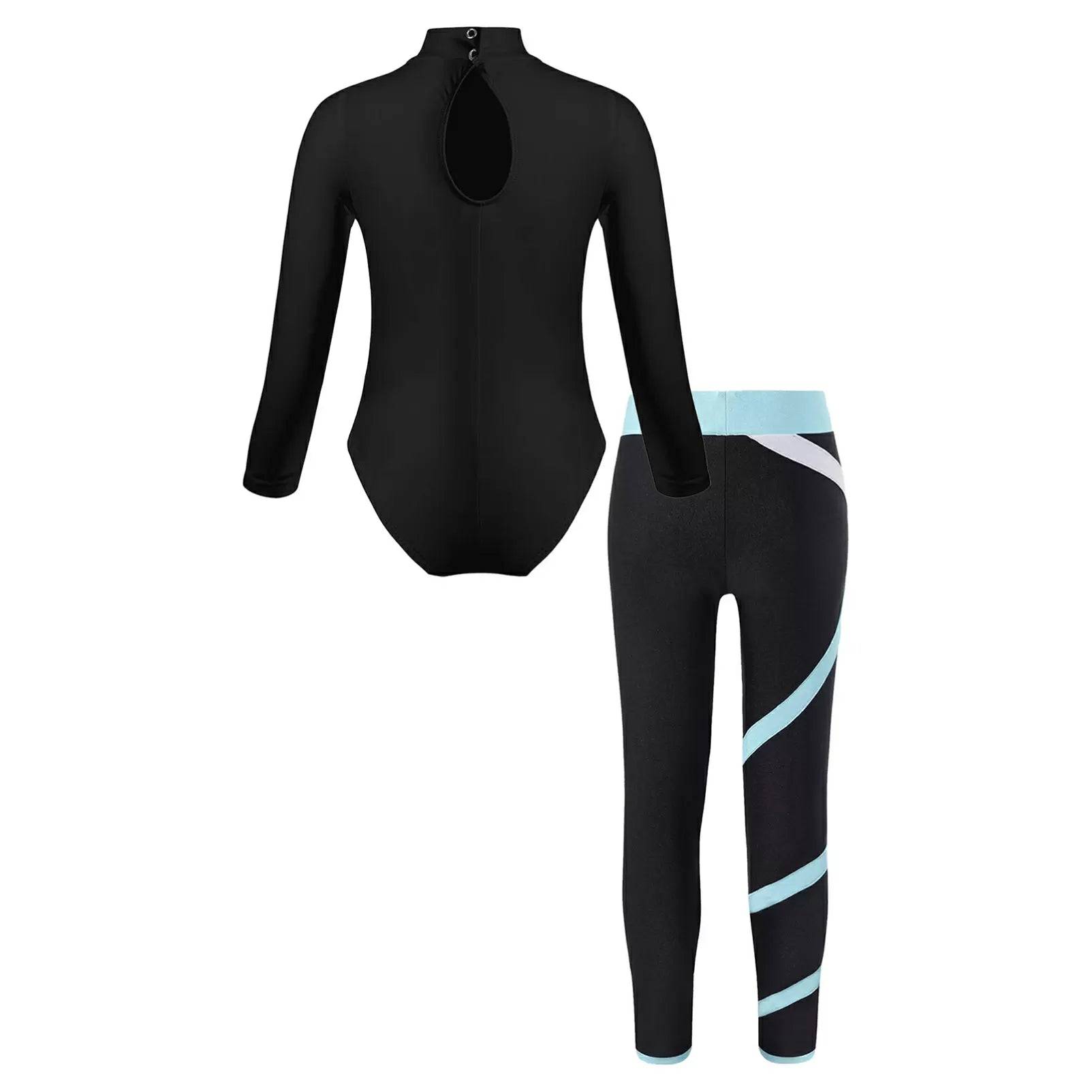 Kids Girls Long Sleeve Leotard with Leggings Sport Sets