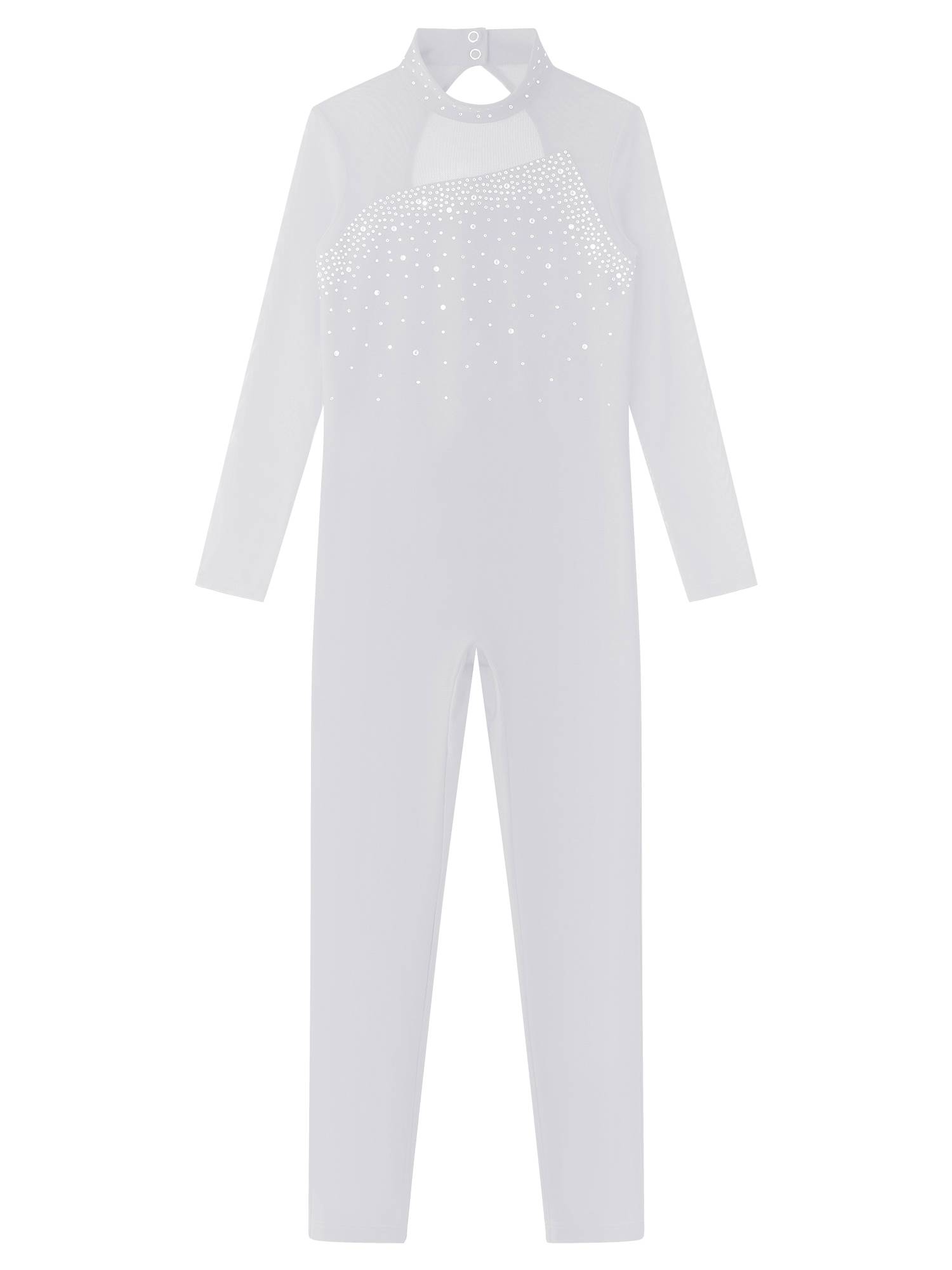 Kids Girls Rhinestone Long Sleeve Jumpsuit Hollow Back Skating Unitard