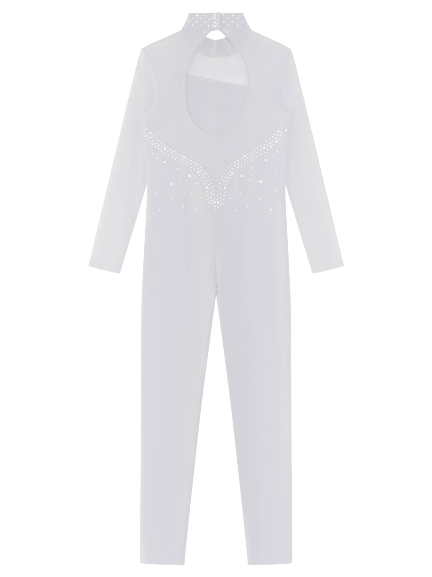 Kids Girls Rhinestone Long Sleeve Jumpsuit Hollow Back Skating Unitard