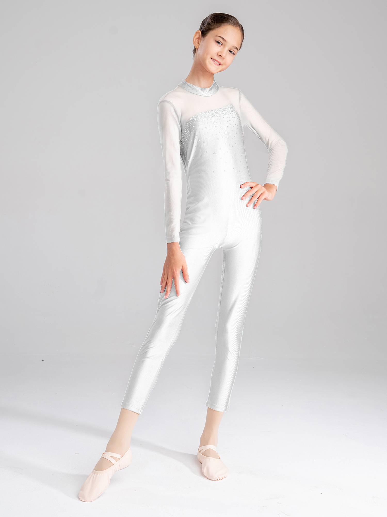 Kids Girls Rhinestone Long Sleeve Jumpsuit Hollow Back Skating Unitard