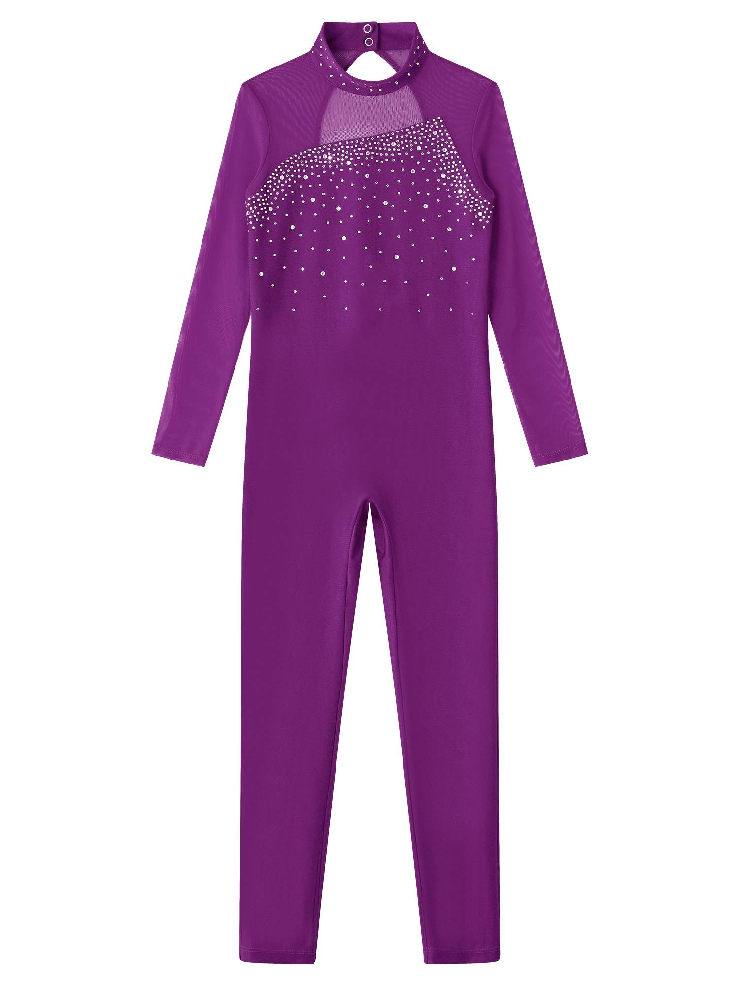 Kids Girls Rhinestone Long Sleeve Jumpsuit Hollow Back Skating Unitard