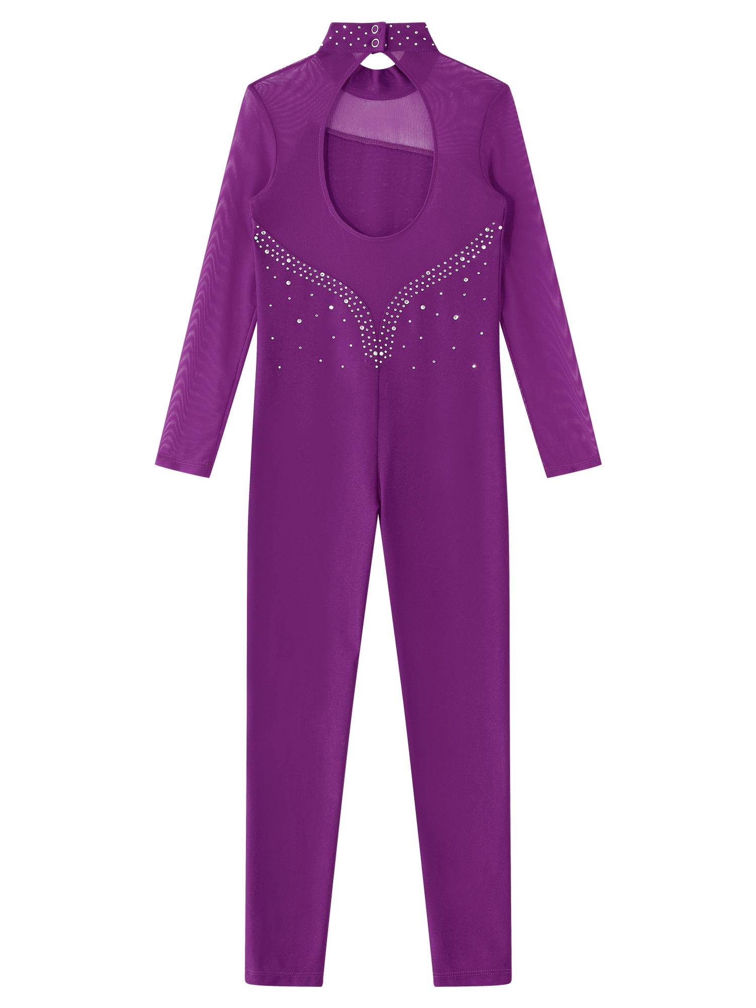 Kids Girls Rhinestone Long Sleeve Jumpsuit Hollow Back Skating Unitard