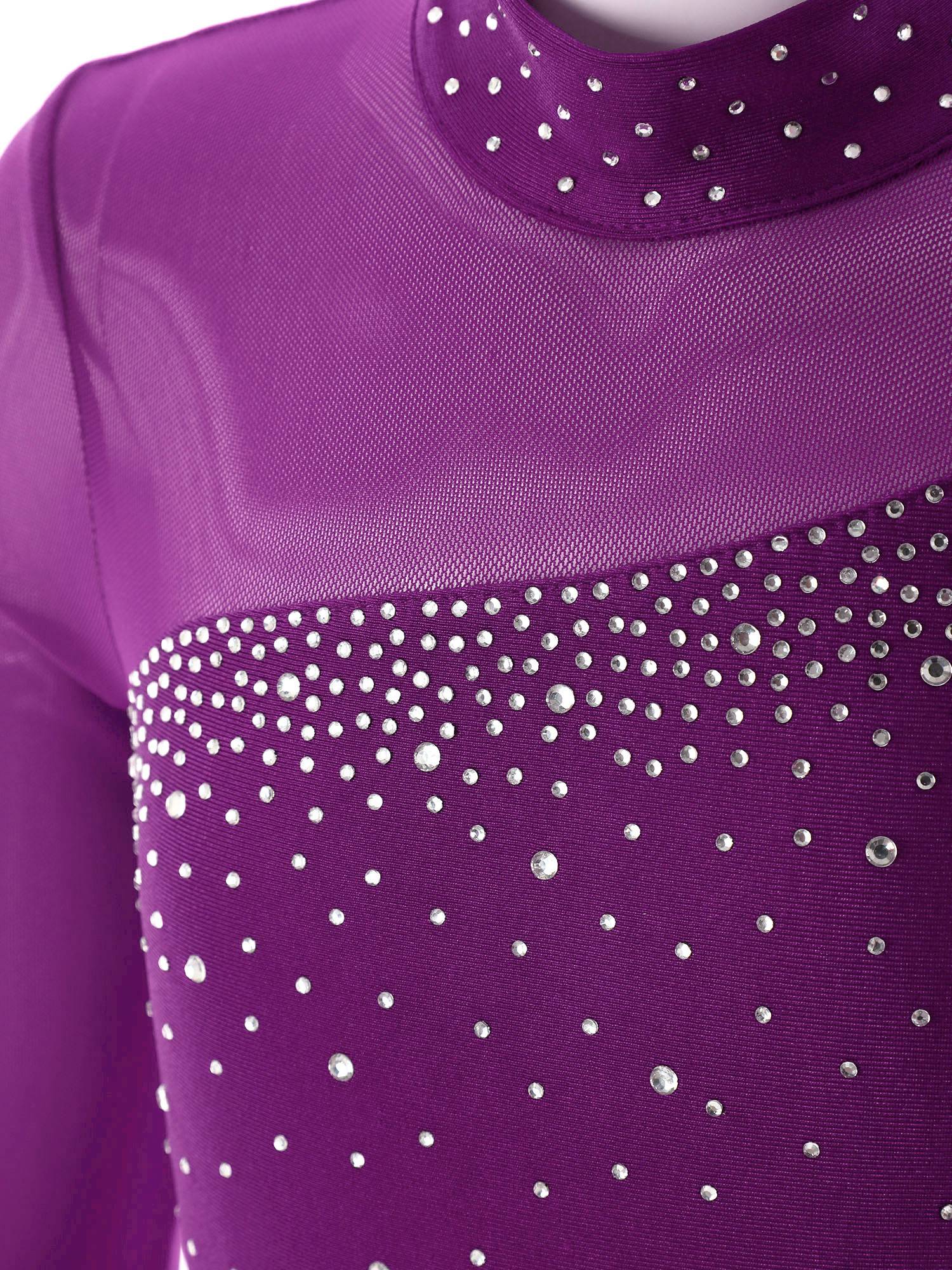 Kids Girls Rhinestone Long Sleeve Jumpsuit Hollow Back Skating Unitard