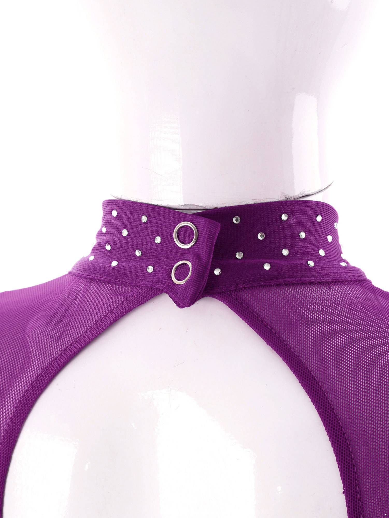 Kids Girls Rhinestone Long Sleeve Jumpsuit Hollow Back Skating Unitard