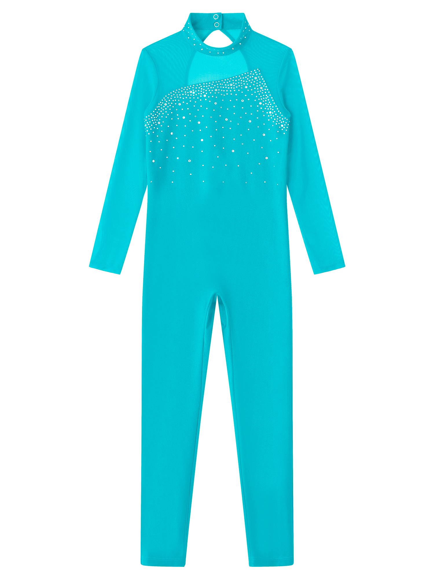 Kids Girls Rhinestone Long Sleeve Jumpsuit Hollow Back Skating Unitard
