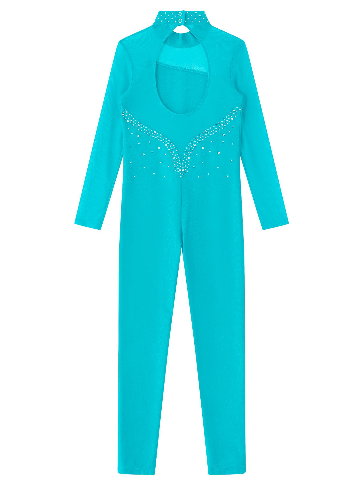 Kids Girls Rhinestone Long Sleeve Jumpsuit Hollow Back Skating Unitard