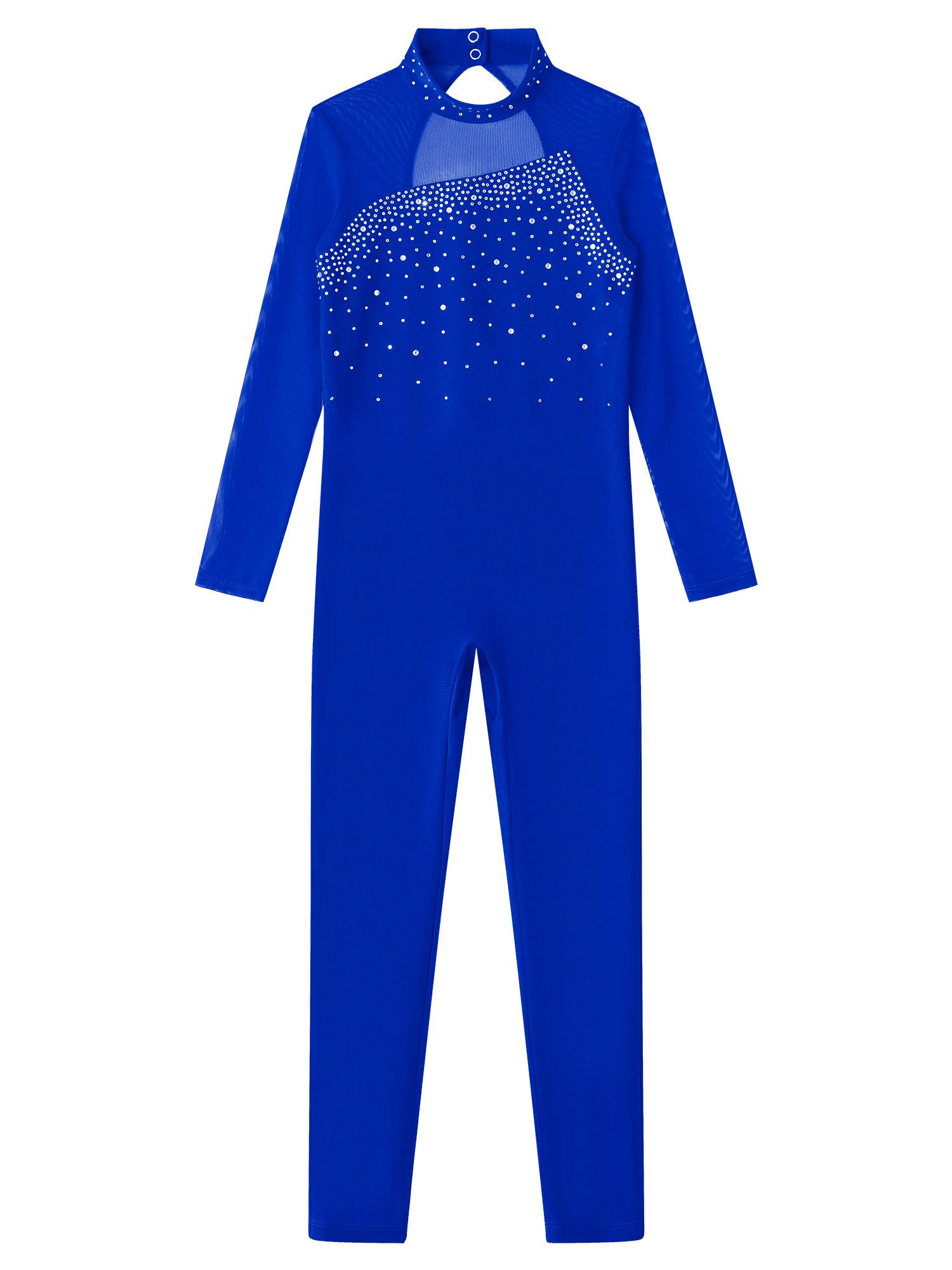Kids Girls Rhinestone Long Sleeve Jumpsuit Hollow Back Skating Unitard