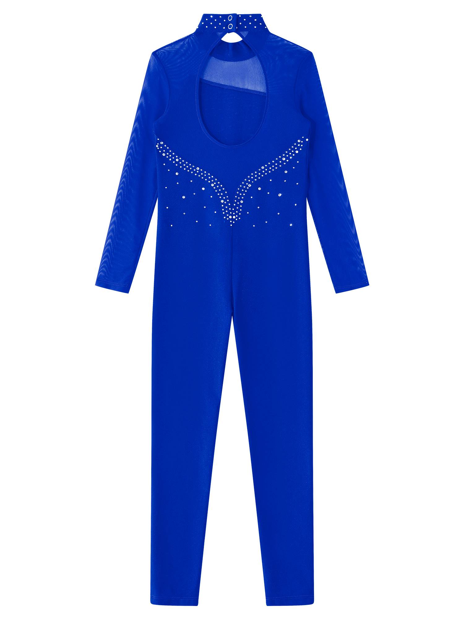 Kids Girls Rhinestone Long Sleeve Jumpsuit Hollow Back Skating Unitard