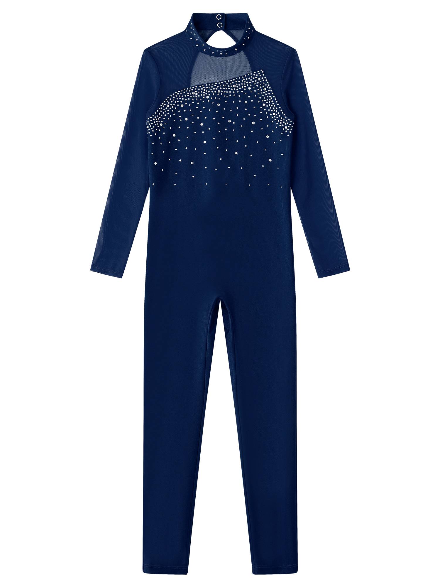 Kids Girls Rhinestone Long Sleeve Jumpsuit Hollow Back Skating Unitard