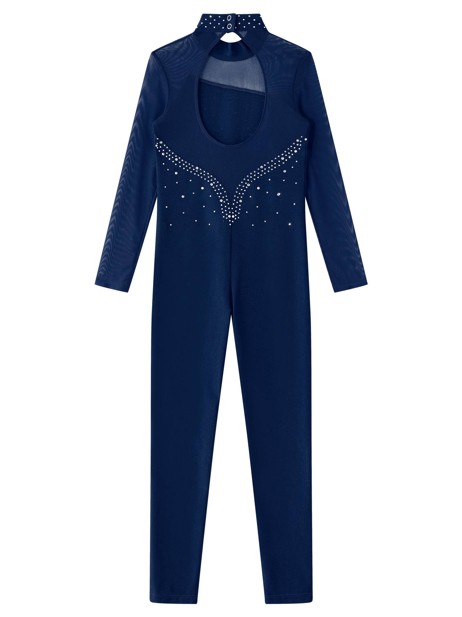 Kids Girls Rhinestone Long Sleeve Jumpsuit Hollow Back Skating Unitard