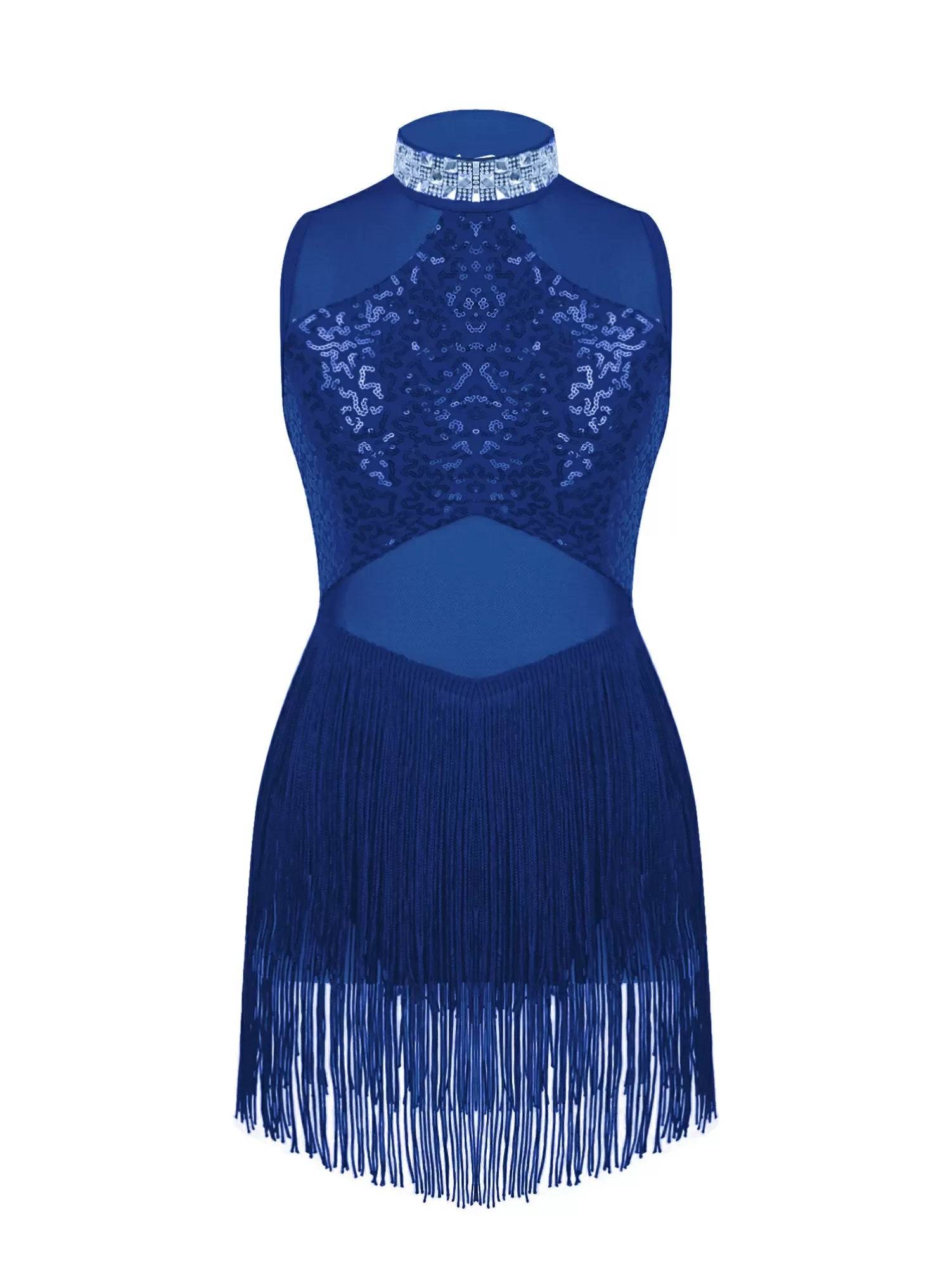 Kids Girls Sequins Mesh Tassel Latin Jazz Dance Leotards