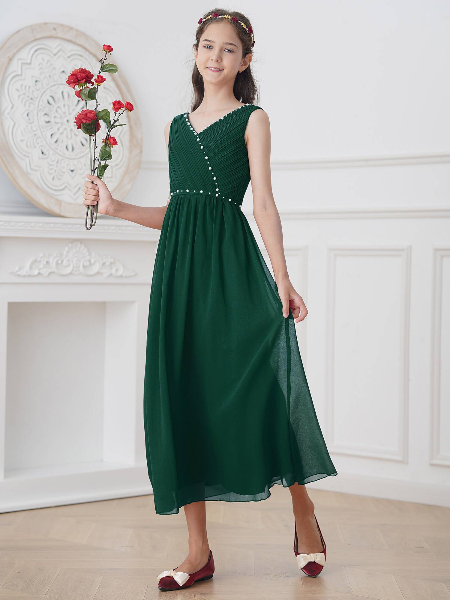 Kids Girls Beaded V Neck Chiffon Party Dress