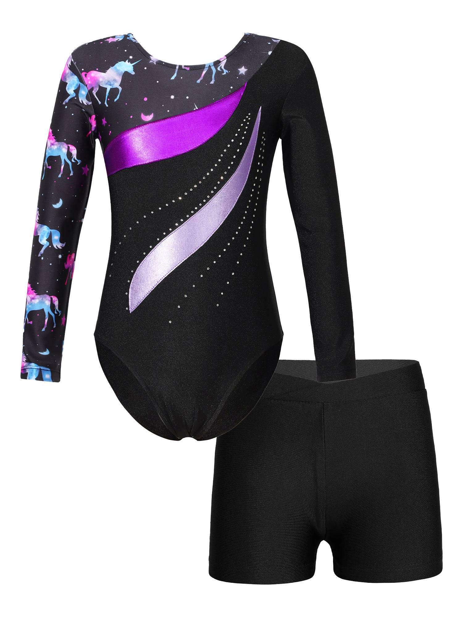 Kids Girls 2pcs Long Sleeve Rhinestones Leotard with Shorts Gymnastics Set