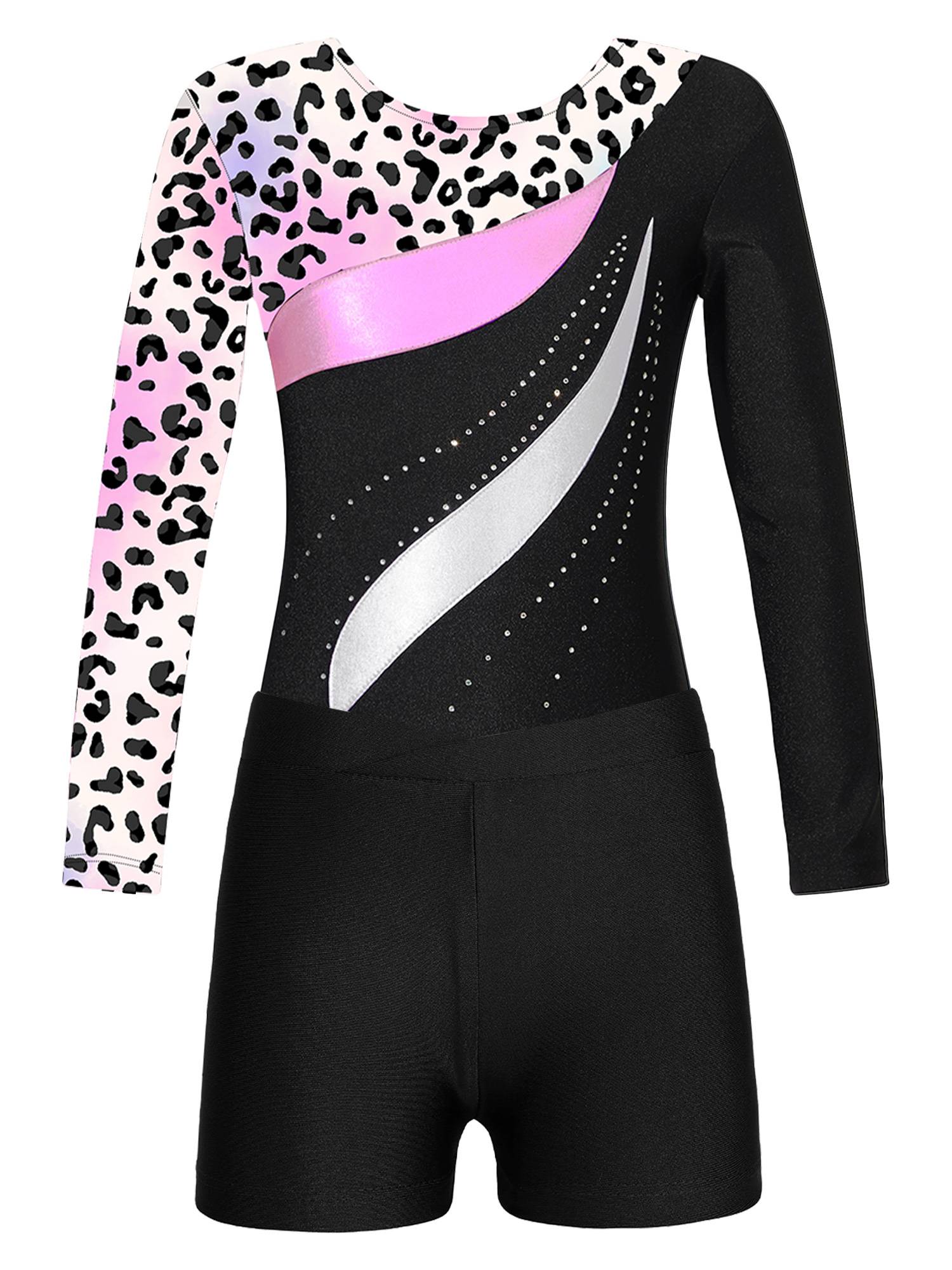 Kids Girls 2pcs Long Sleeve Rhinestones Leotard with Shorts Gymnastics Set