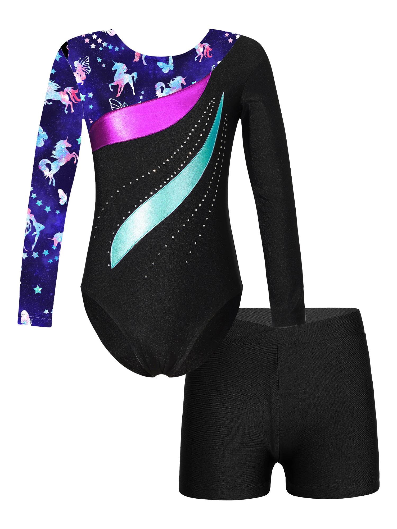 Kids Girls 2pcs Long Sleeve Rhinestones Leotard with Shorts Gymnastics Set