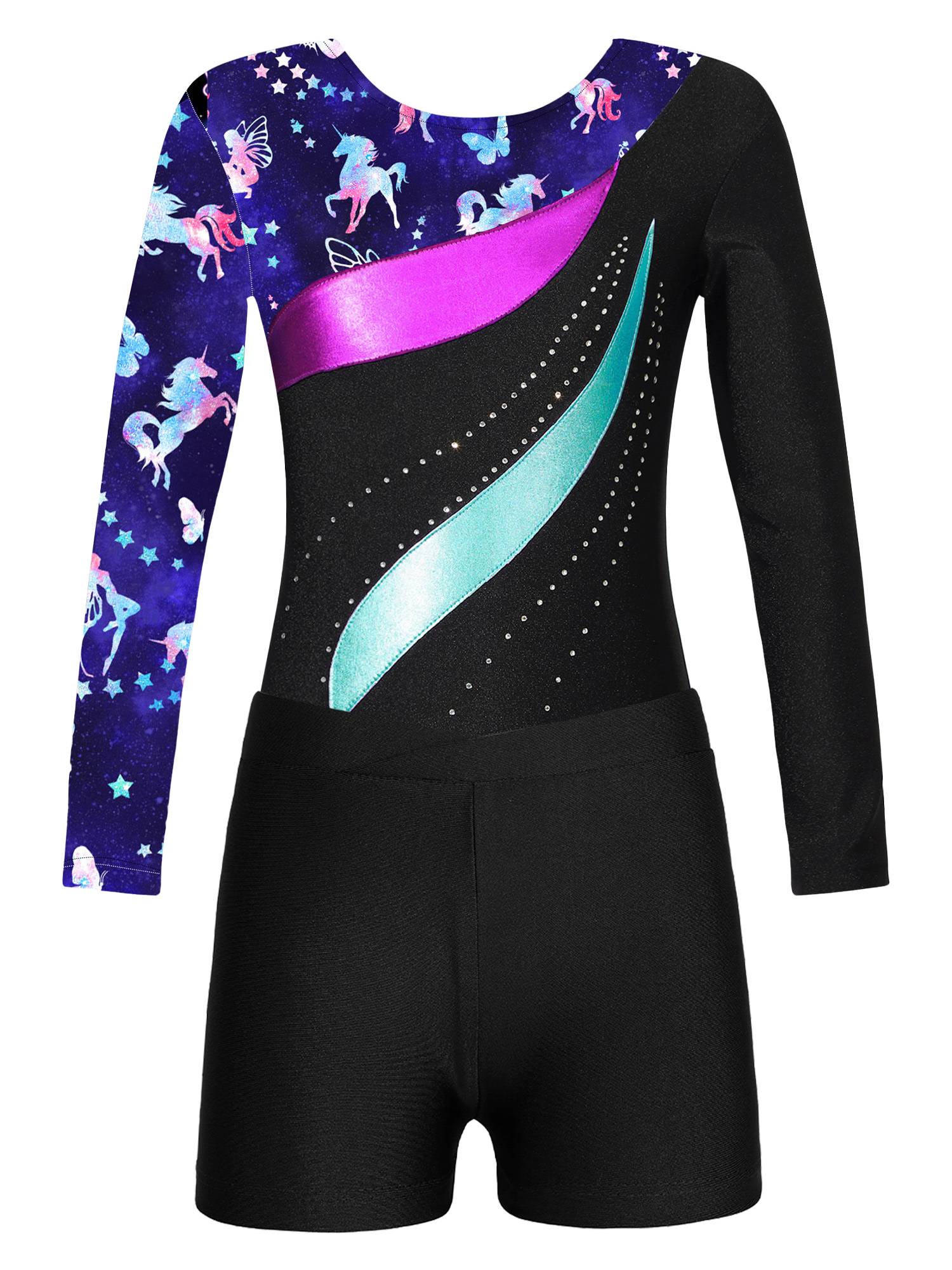 Kids Girls 2pcs Long Sleeve Rhinestones Leotard with Shorts Gymnastics Set