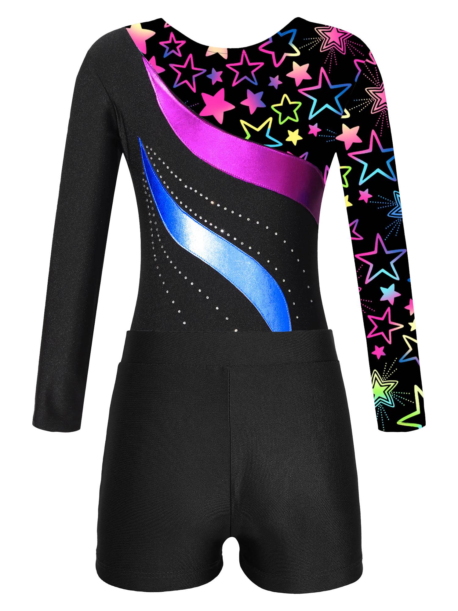 Kids Girls 2pcs Long Sleeve Rhinestones Leotard with Shorts Gymnastics Set