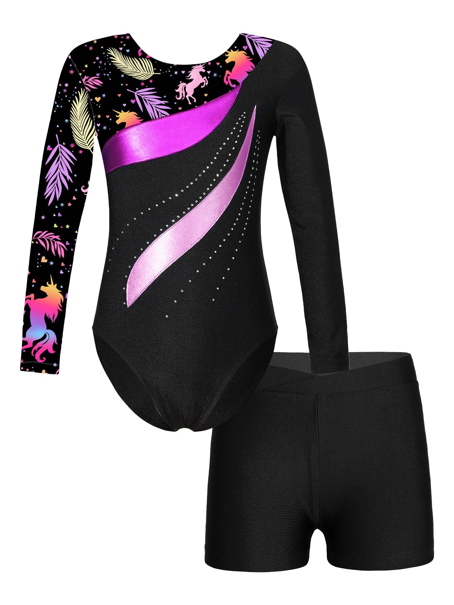 Kids Girls 2pcs Long Sleeve Rhinestones Leotard with Shorts Gymnastics Set