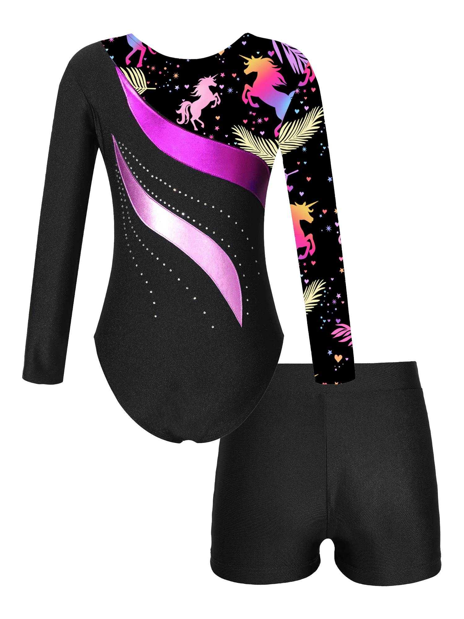 Kids Girls 2pcs Long Sleeve Rhinestones Leotard with Shorts Gymnastics Set