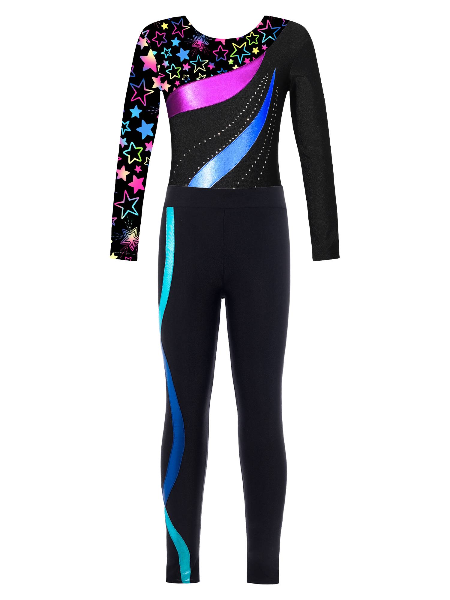 Kids Girls 2pcs Long Sleeve Rhinestones Leotard and Pants Skating Outfits