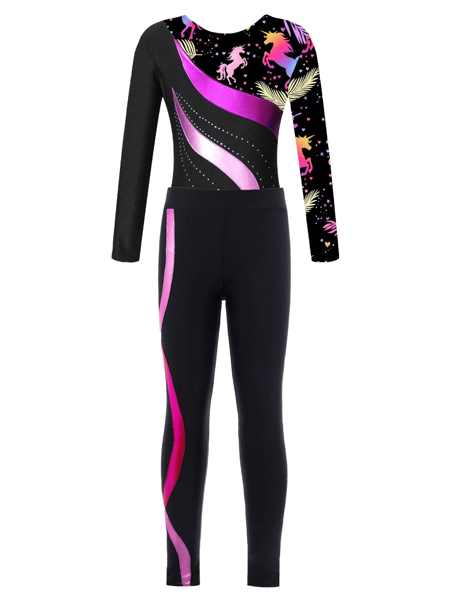 Kids Girls 2pcs Long Sleeve Rhinestones Leotard and Pants Skating Outfits