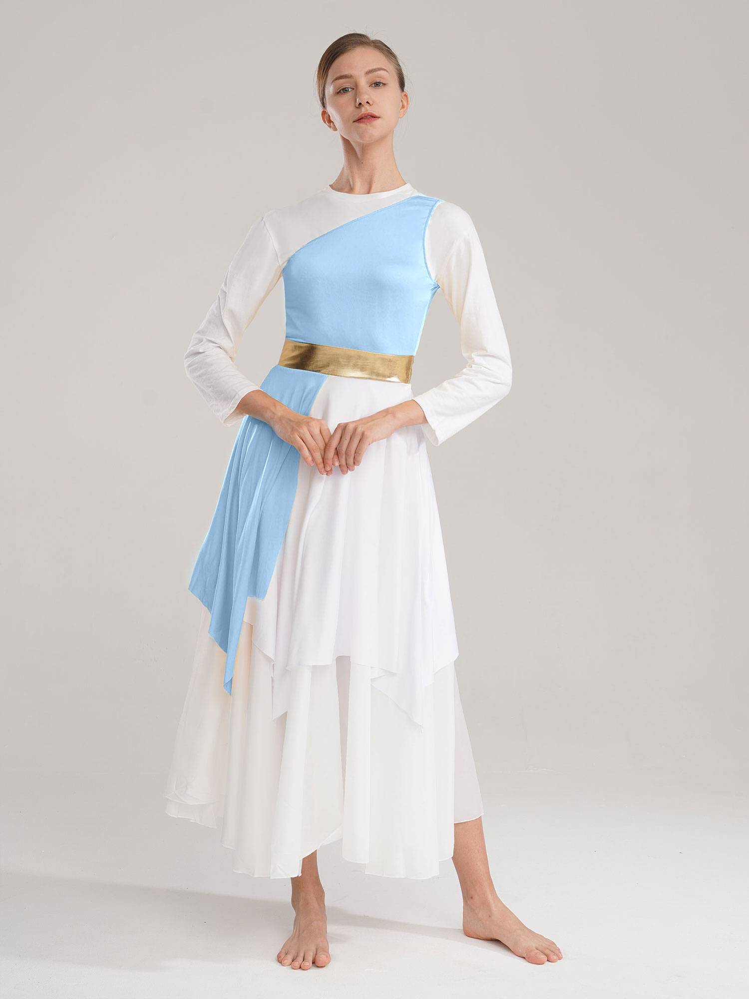 Women One Shoulder Color Block Praise Dance Dress(not include white underdress)