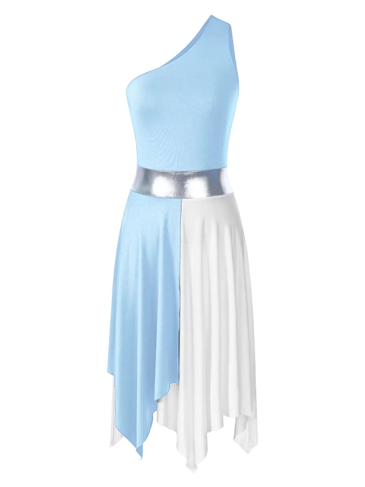 Women One Shoulder Color Block Praise Dance Dress(not include white underdress)
