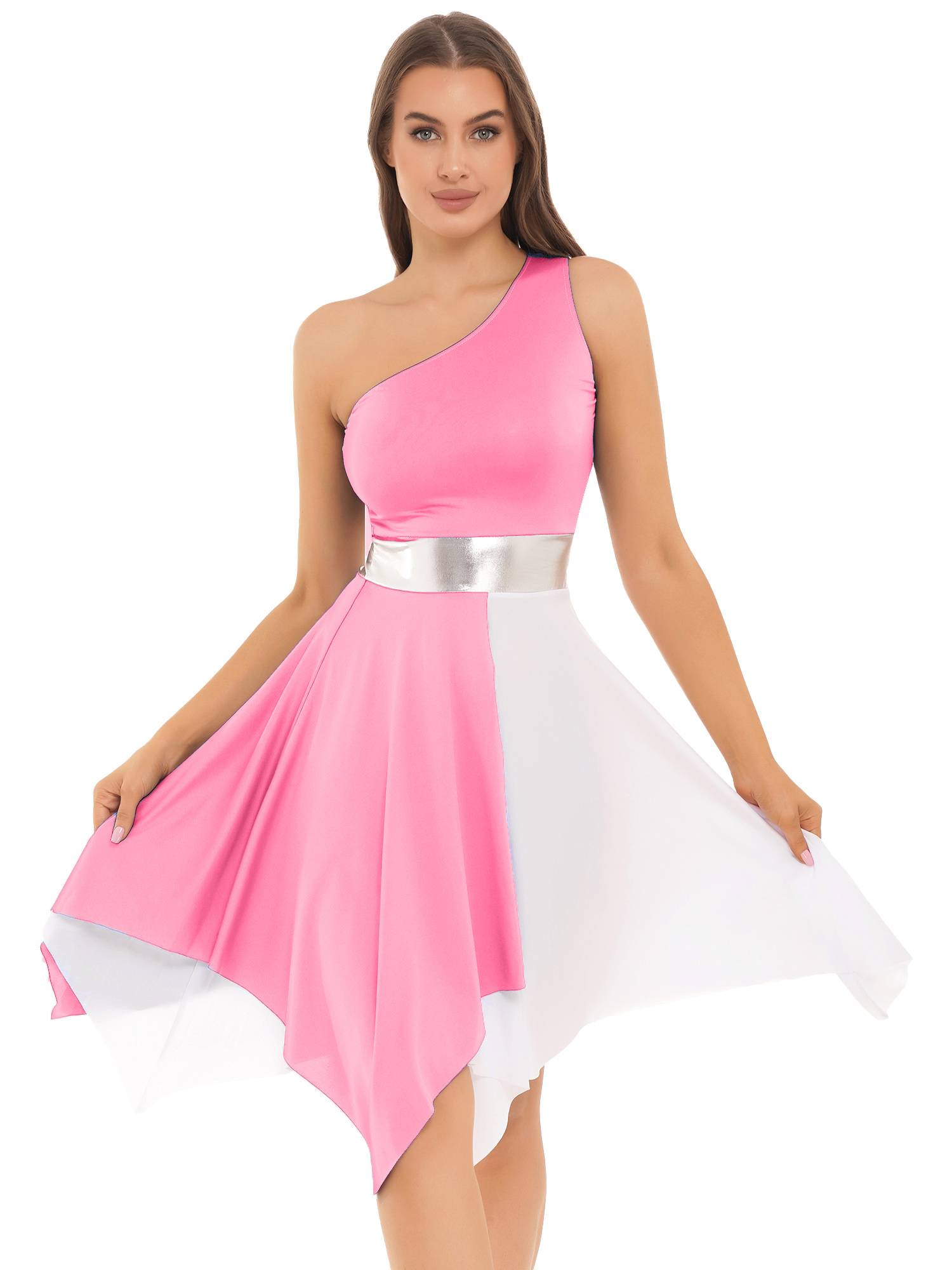 Women One Shoulder Color Block Praise Dance Dress(not include white underdress)