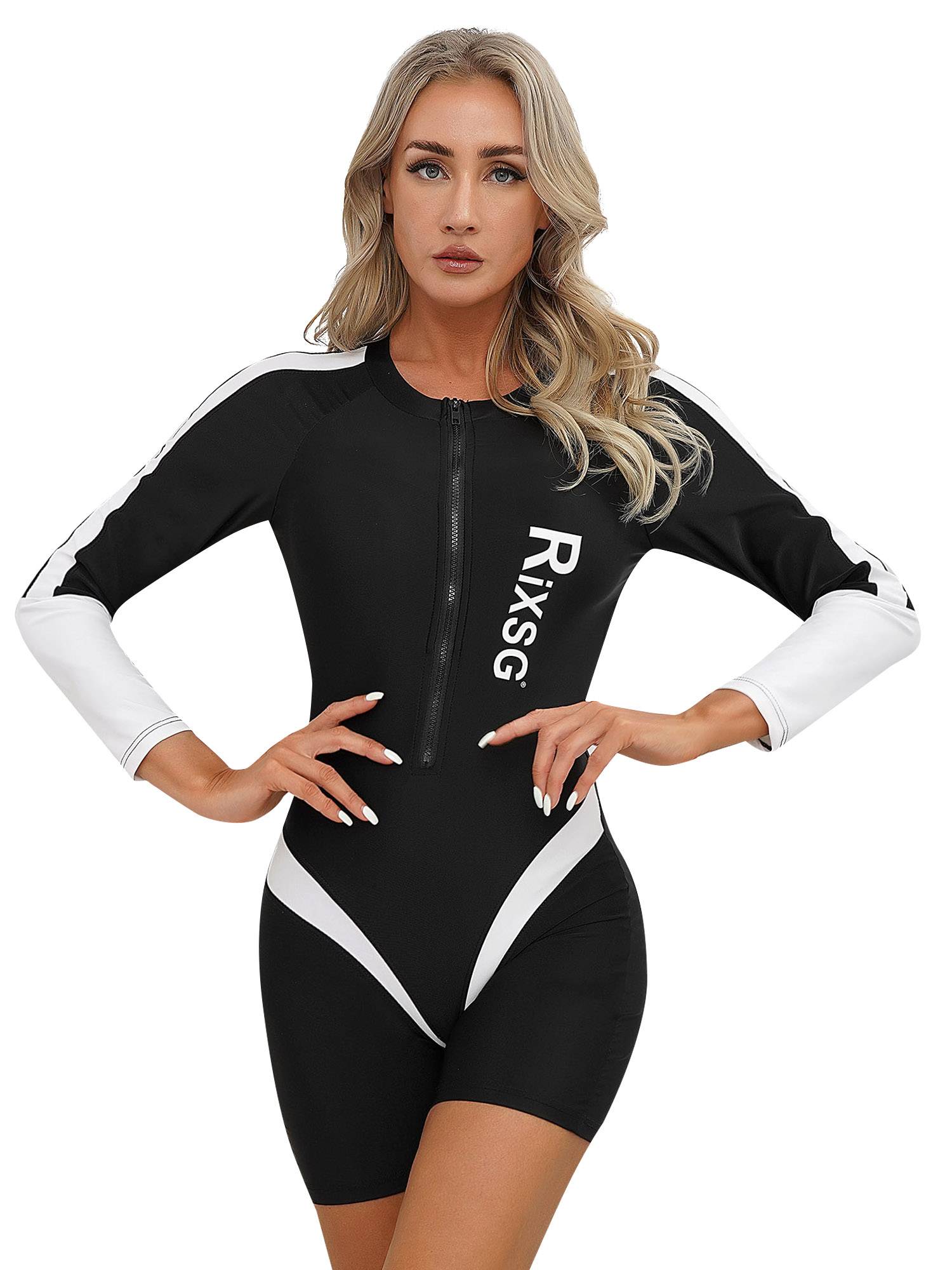 Women Long Sleeve Colorblock One-piece Swimsuit