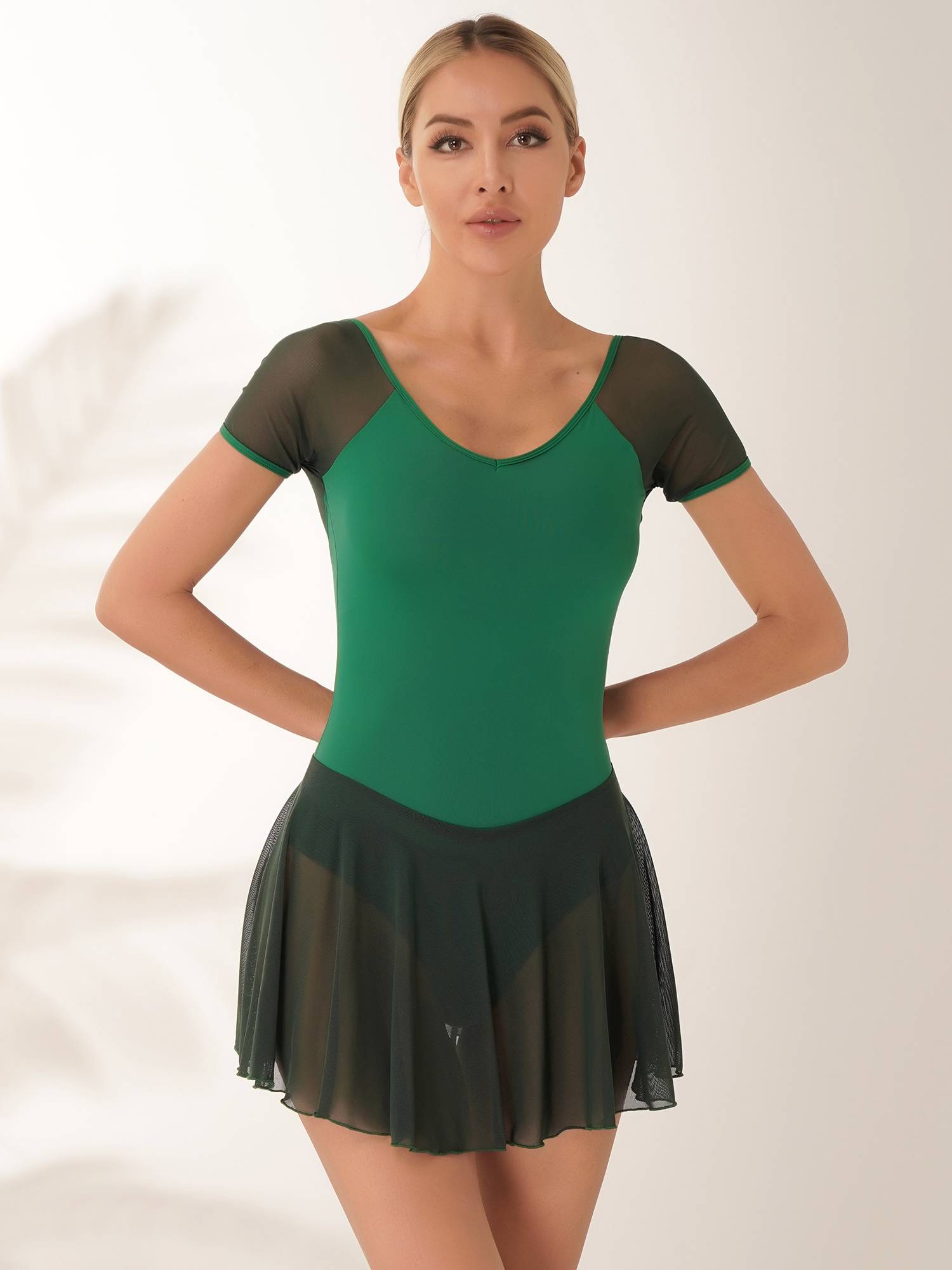 Women Short Sleeve Ruffled Skirted Leotard Dress for Ballet Gymnastics