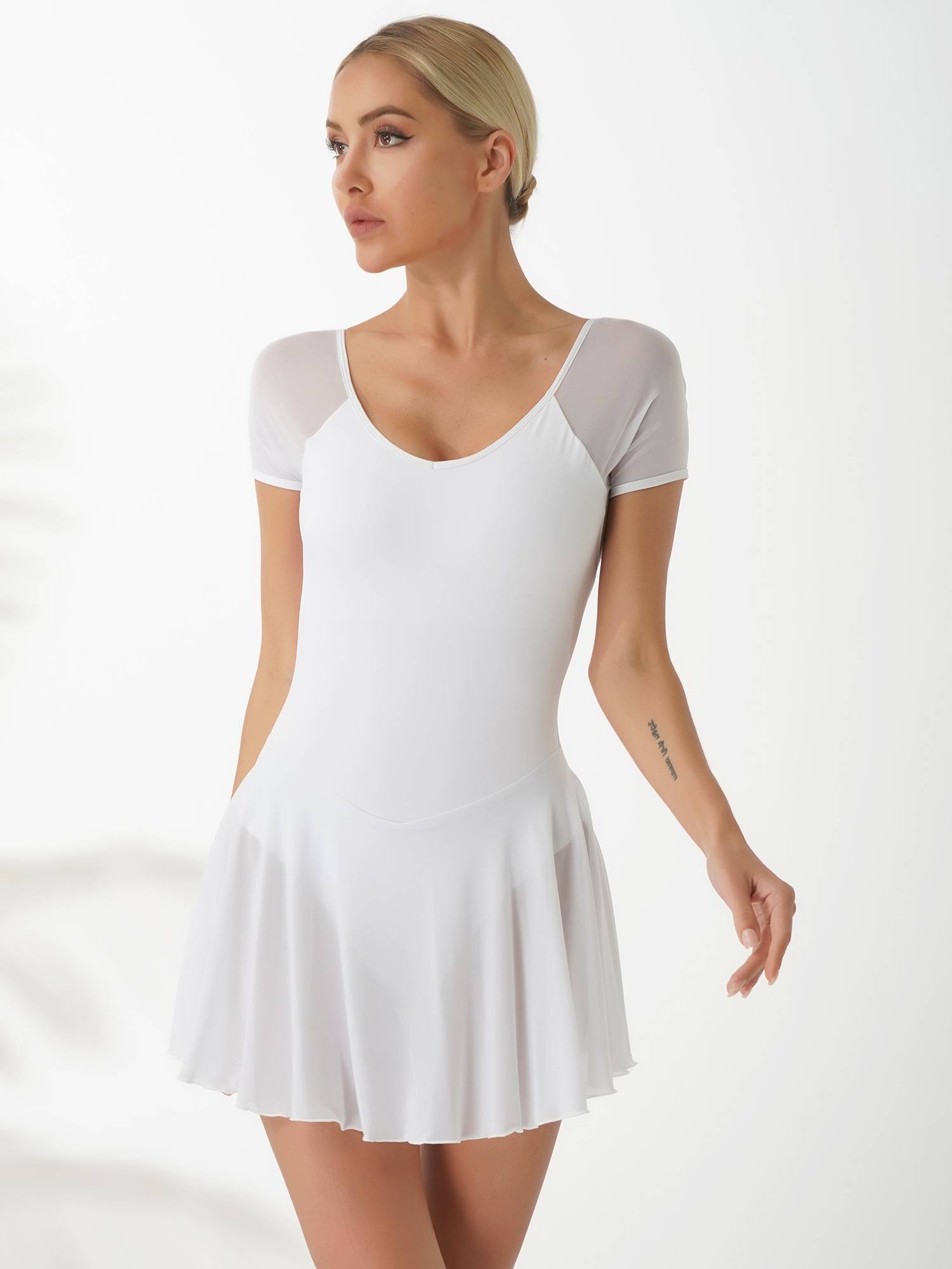 Women Short Sleeve Ruffled Skirted Leotard Dress for Ballet Gymnastics