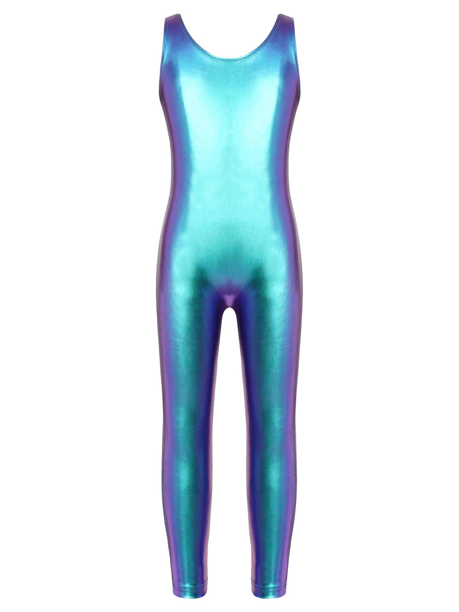 Kids Girls Sleeveless Glossy Metallic Gymnastics Unitard