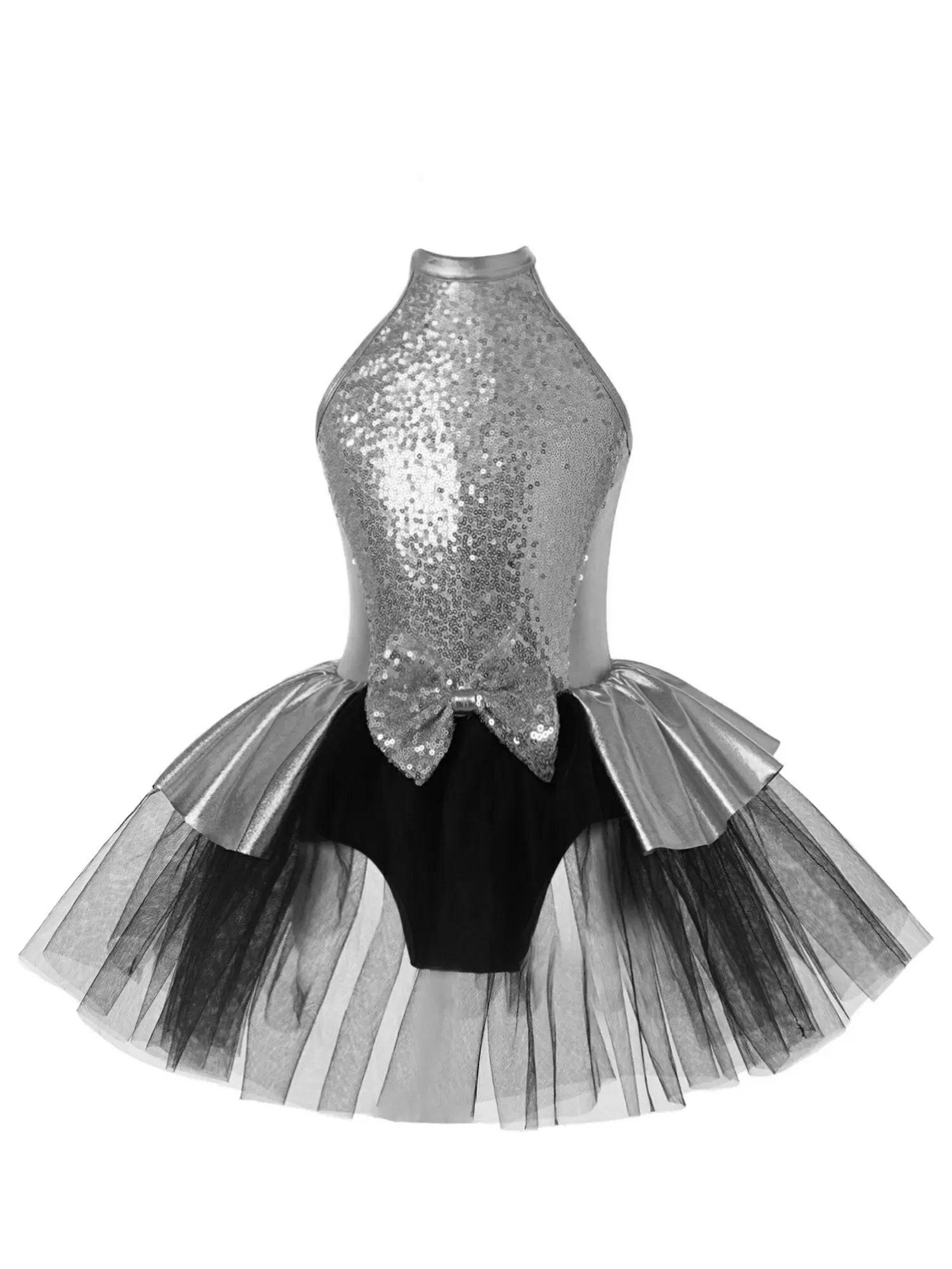 Kids Girls Sleeveless Sequins Bowknot Ballet Dance Tutu Dress