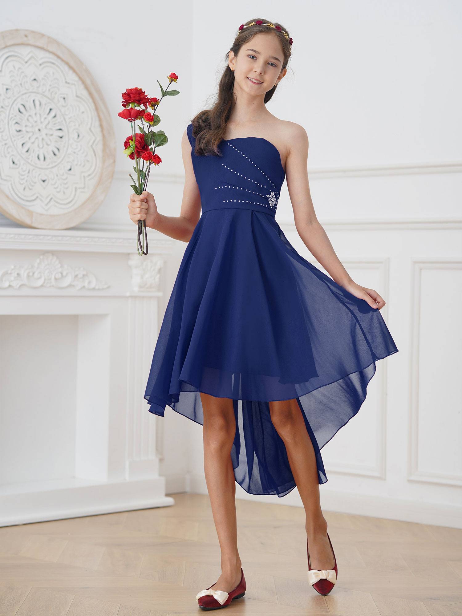 Kids Girls Rhinestones Beaded High-Low Party Dress