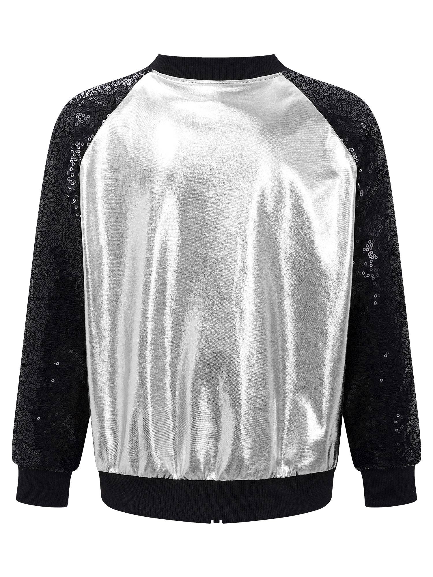 Kids Girls Sequins Long Sleeve Front Zipper Jacket Coat