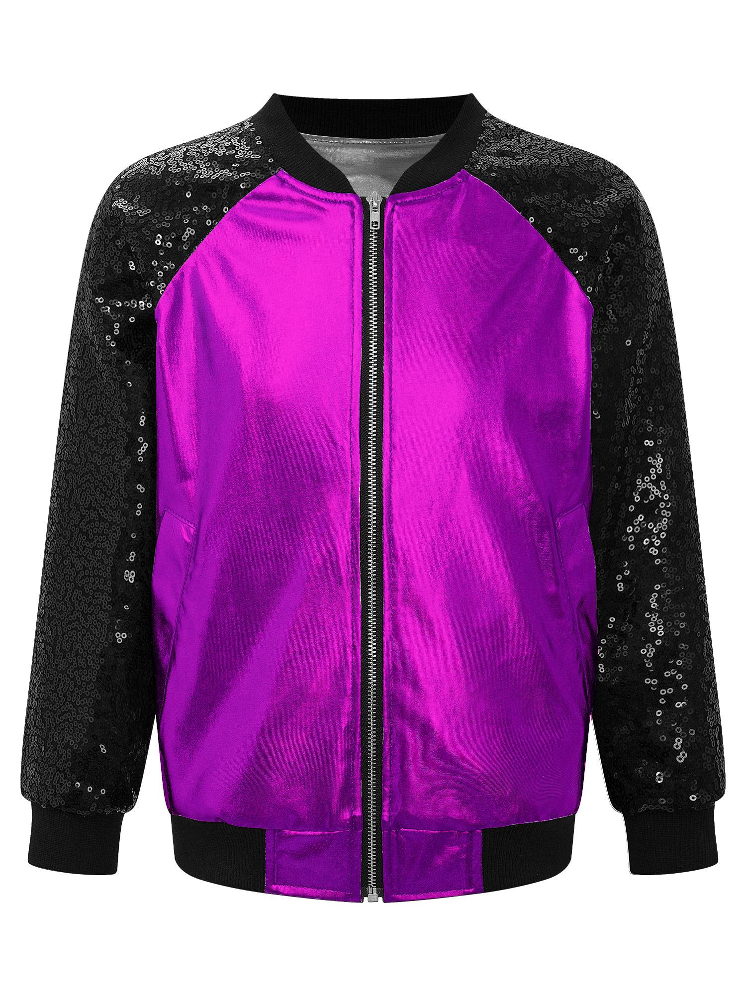 Kids Girls Sequins Long Sleeve Front Zipper Jacket Coat