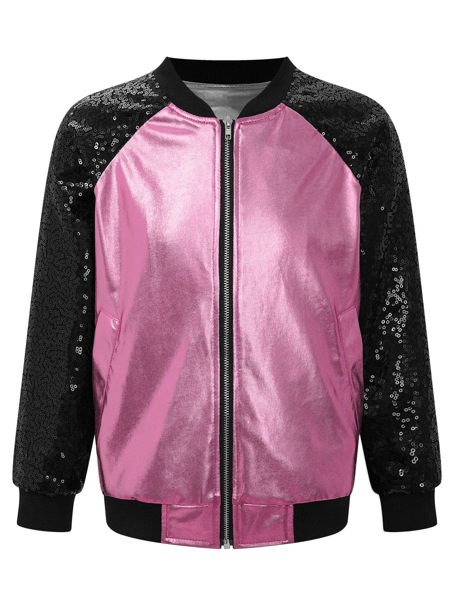 Kids Girls Sequins Long Sleeve Front Zipper Jacket Coat