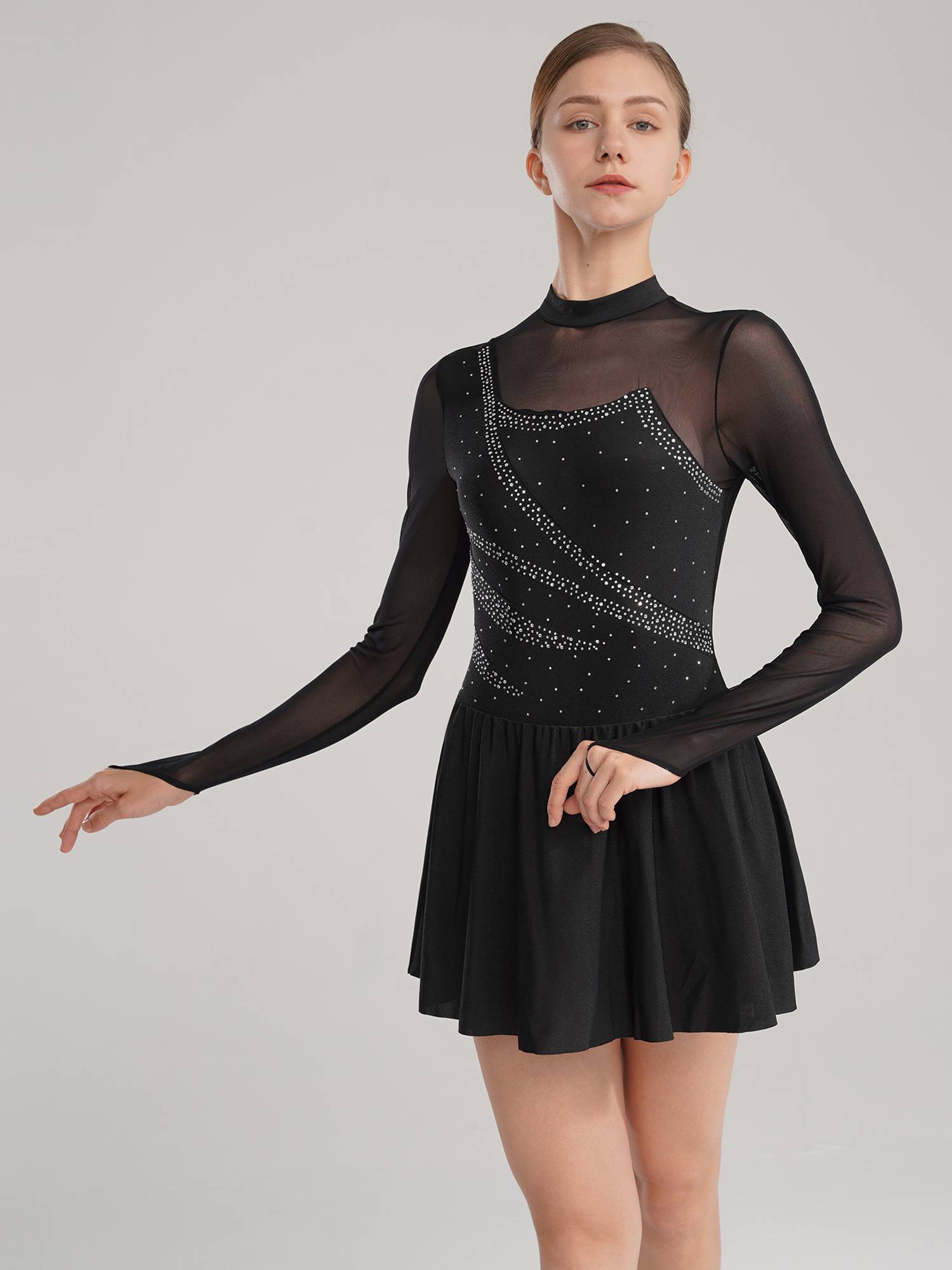 Women Color Block Mesh Figure Skating Leotard Dresses