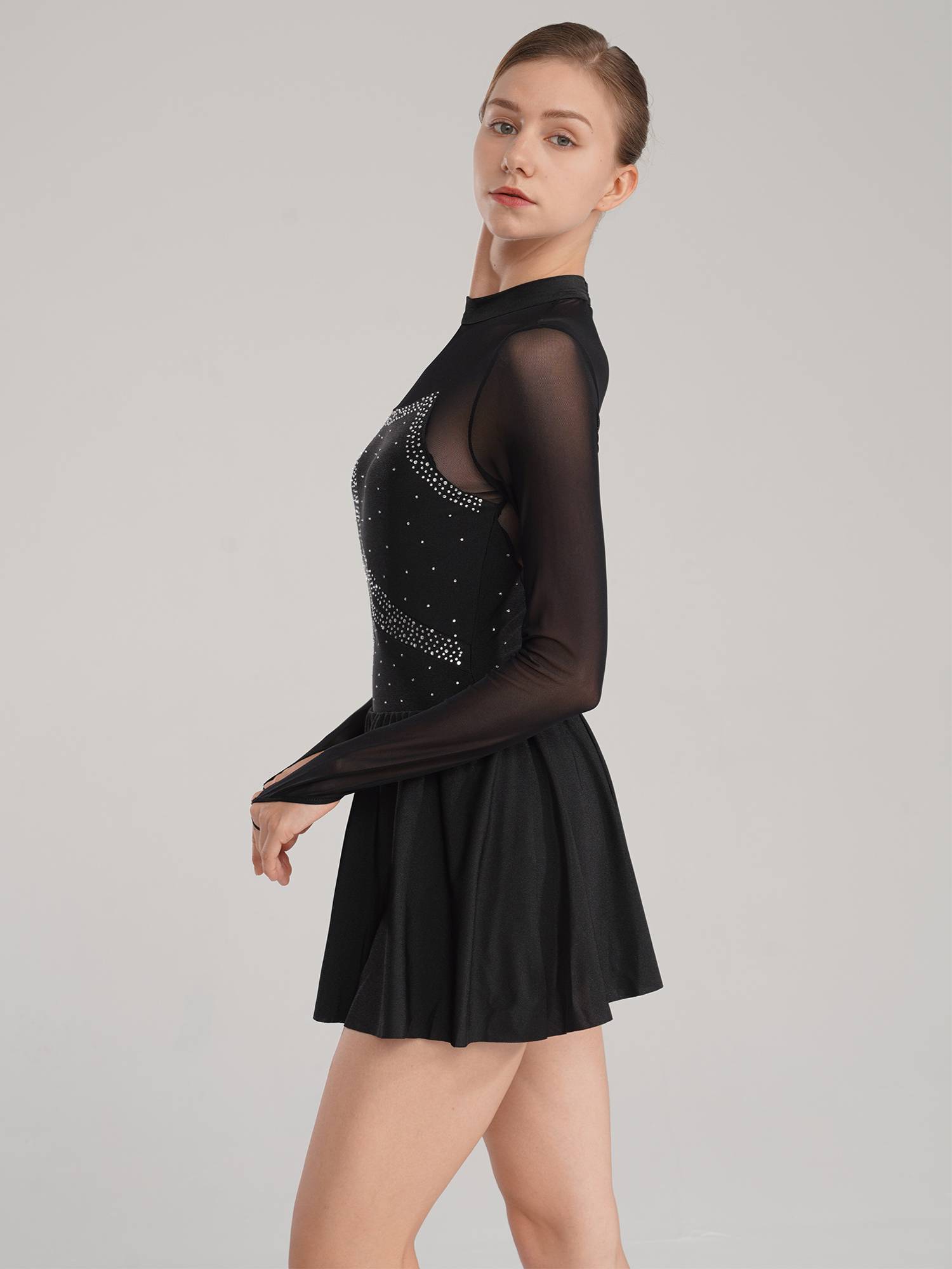 Women Color Block Mesh Figure Skating Leotard Dresses