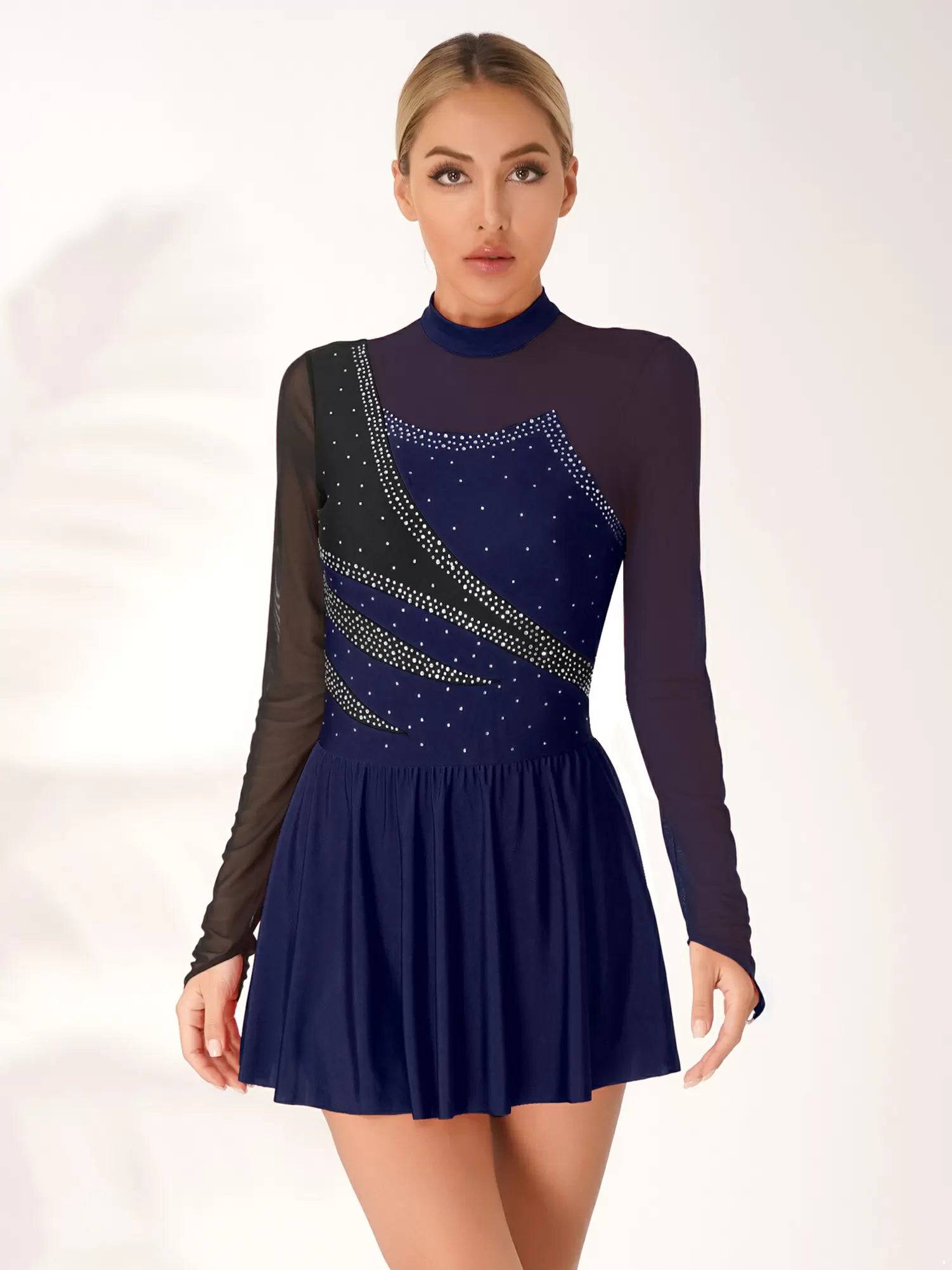 Women Color Block Mesh Figure Skating Leotard Dresses